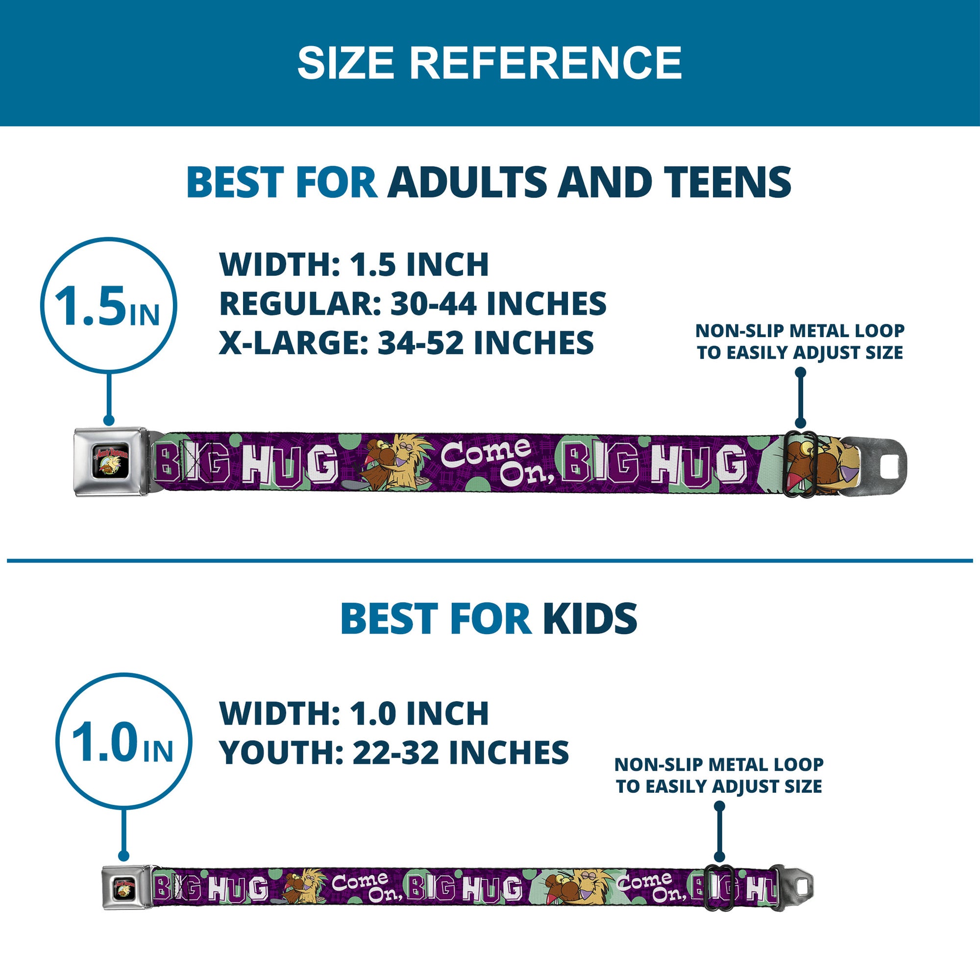 Angry Beavers Logo Full Color Black Seatbelt Belt - Norbert Hugging Daggett COME ON, BRO HUG Purples/Teal/White Webbing Seatbelt Belts Angry Beavers