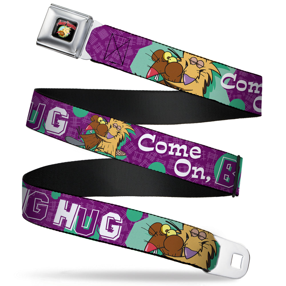 Angry Beavers Logo Full Color Black Seatbelt Belt - Norbert Hugging Daggett COME ON, BRO HUG Purples/Teal/White Webbing Seatbelt Belts Angry Beavers