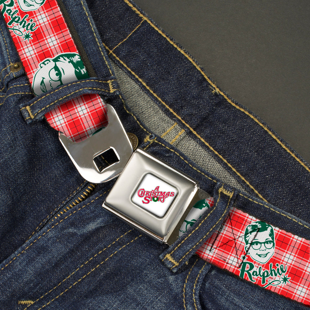 A CHRISTMAS STORY Wreath Logo Full Color White Seatbelt Belt - A Christmas Story RALPHIE Smiling Face Plaid Red/White/Green Webbing Seatbelt Belts A Christmas Story