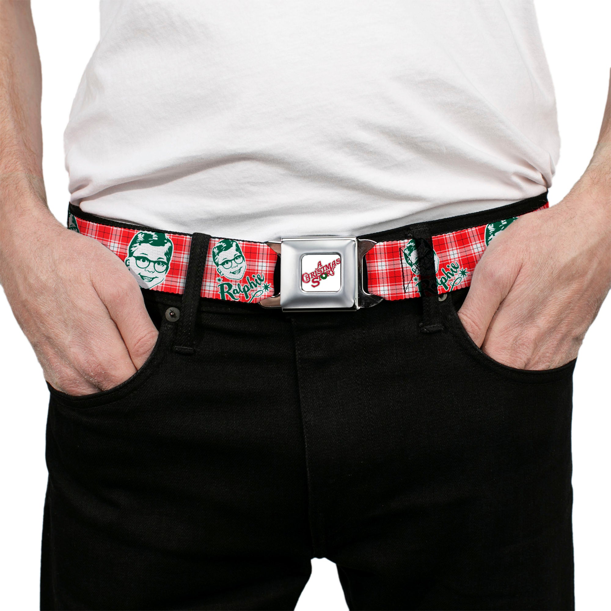 A CHRISTMAS STORY Wreath Logo Full Color White Seatbelt Belt - A Christmas Story RALPHIE Smiling Face Plaid Red/White/Green Webbing Seatbelt Belts A Christmas Story