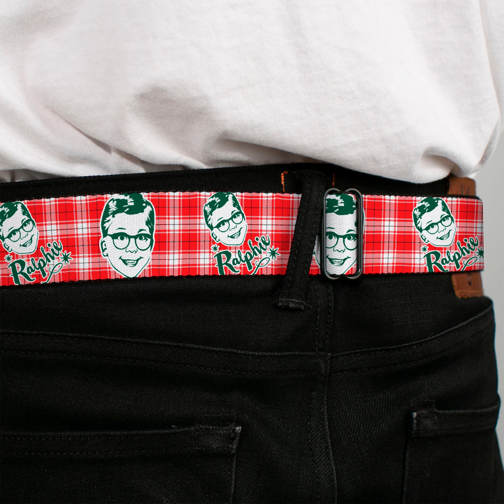 A CHRISTMAS STORY Wreath Logo Full Color White Seatbelt Belt - A Christmas Story RALPHIE Smiling Face Plaid Red/White/Green Webbing Seatbelt Belts A Christmas Story