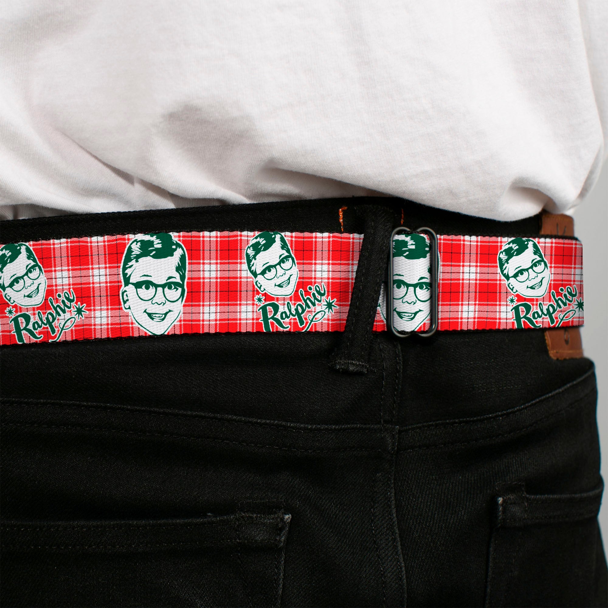 A CHRISTMAS STORY Wreath Logo Full Color White Seatbelt Belt - A Christmas Story RALPHIE Smiling Face Plaid Red/White/Green Webbing Seatbelt Belts A Christmas Story