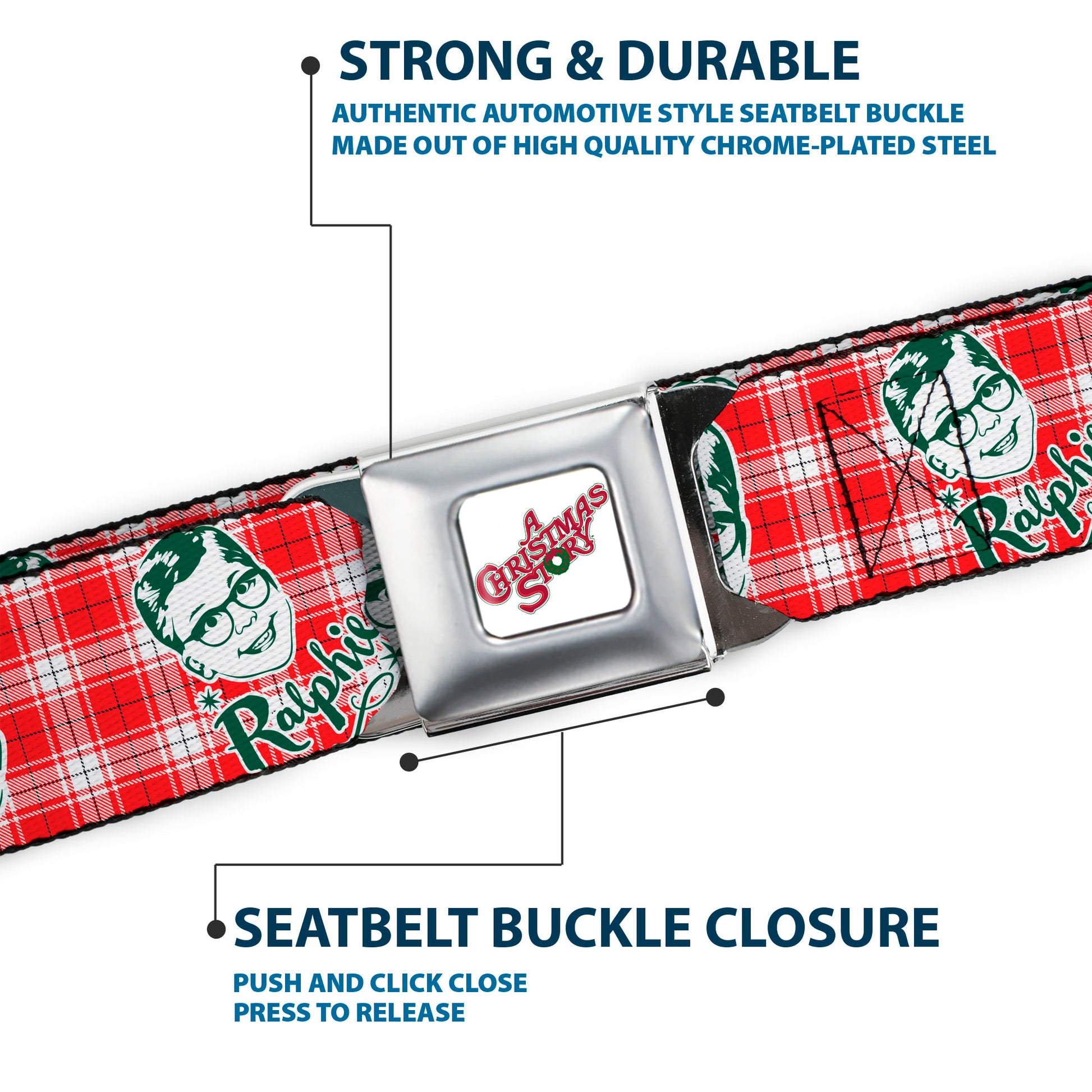 A CHRISTMAS STORY Wreath Logo Full Color White Seatbelt Belt - A Christmas Story RALPHIE Smiling Face Plaid Red/White/Green Webbing Seatbelt Belts A Christmas Story