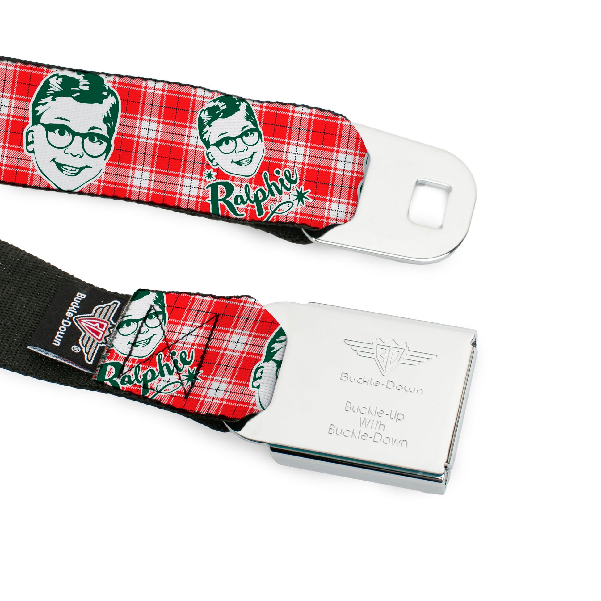 A CHRISTMAS STORY Wreath Logo Full Color White Seatbelt Belt - A Christmas Story RALPHIE Smiling Face Plaid Red/White/Green Webbing Seatbelt Belts A Christmas Story
