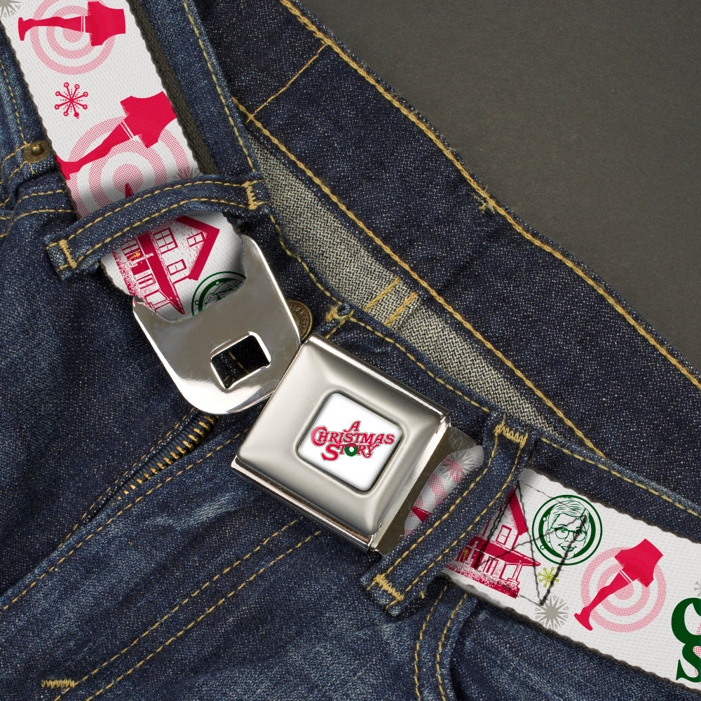 A CHRISTMAS STORY Wreath Logo Full Color White Seatbelt Belt - A Christmas Story Icons Collage White/Reds/Greens Webbing Seatbelt Belts A Christmas Story