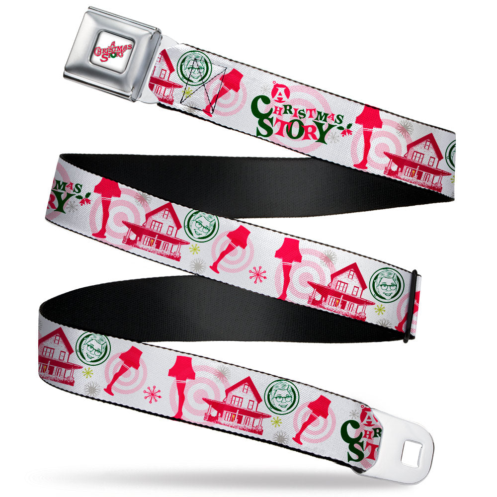 A CHRISTMAS STORY Wreath Logo Full Color White Seatbelt Belt - A Christmas Story Icons Collage White/Reds/Greens Webbing Seatbelt Belts A Christmas Story