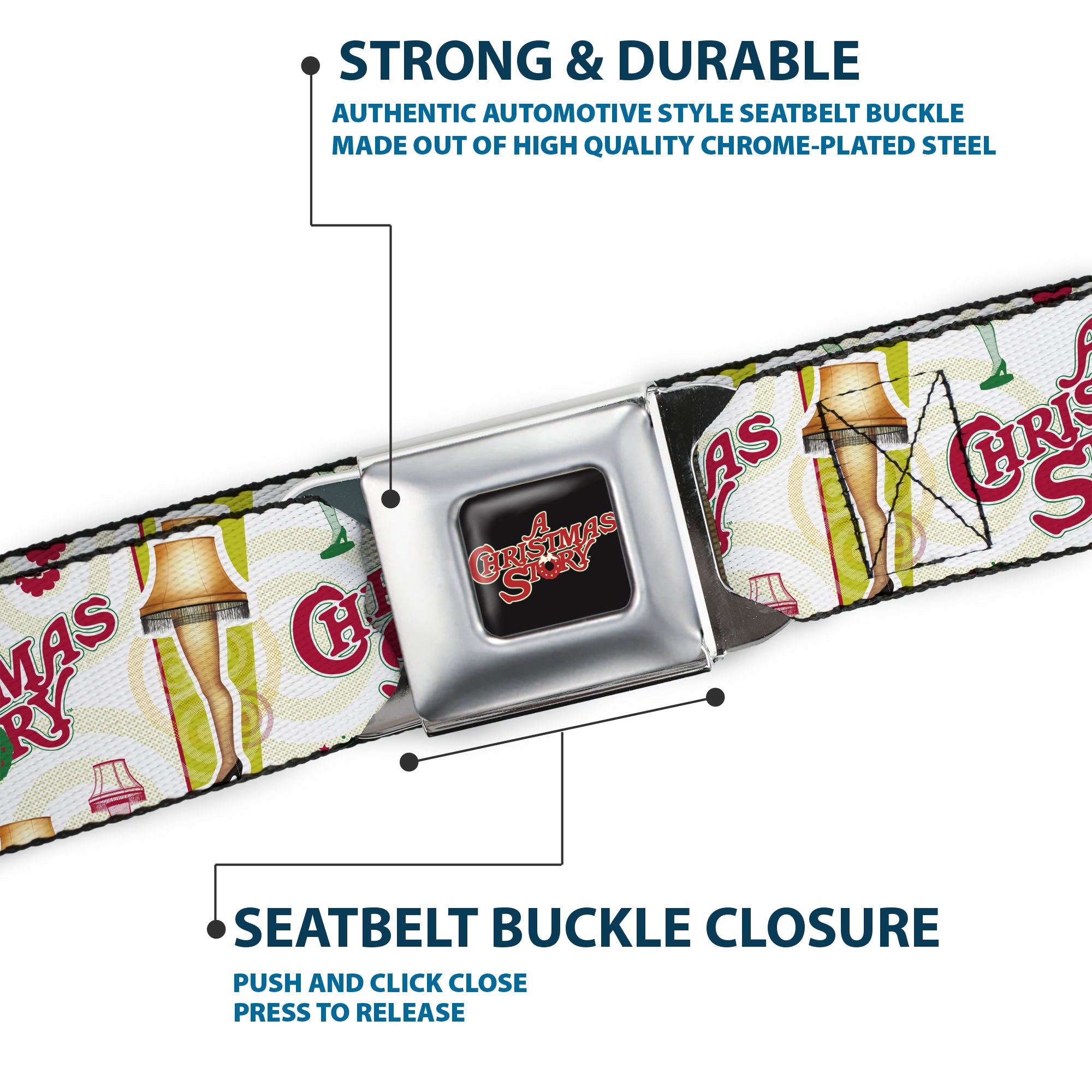 A CHRISTMAS STORY Wreath Logo Full Color Black/Red Seatbelt Belt - A CHRISTMAS STORY Leg Lamp and Title Logo White Webbing Seatbelt Belts A Christmas Story