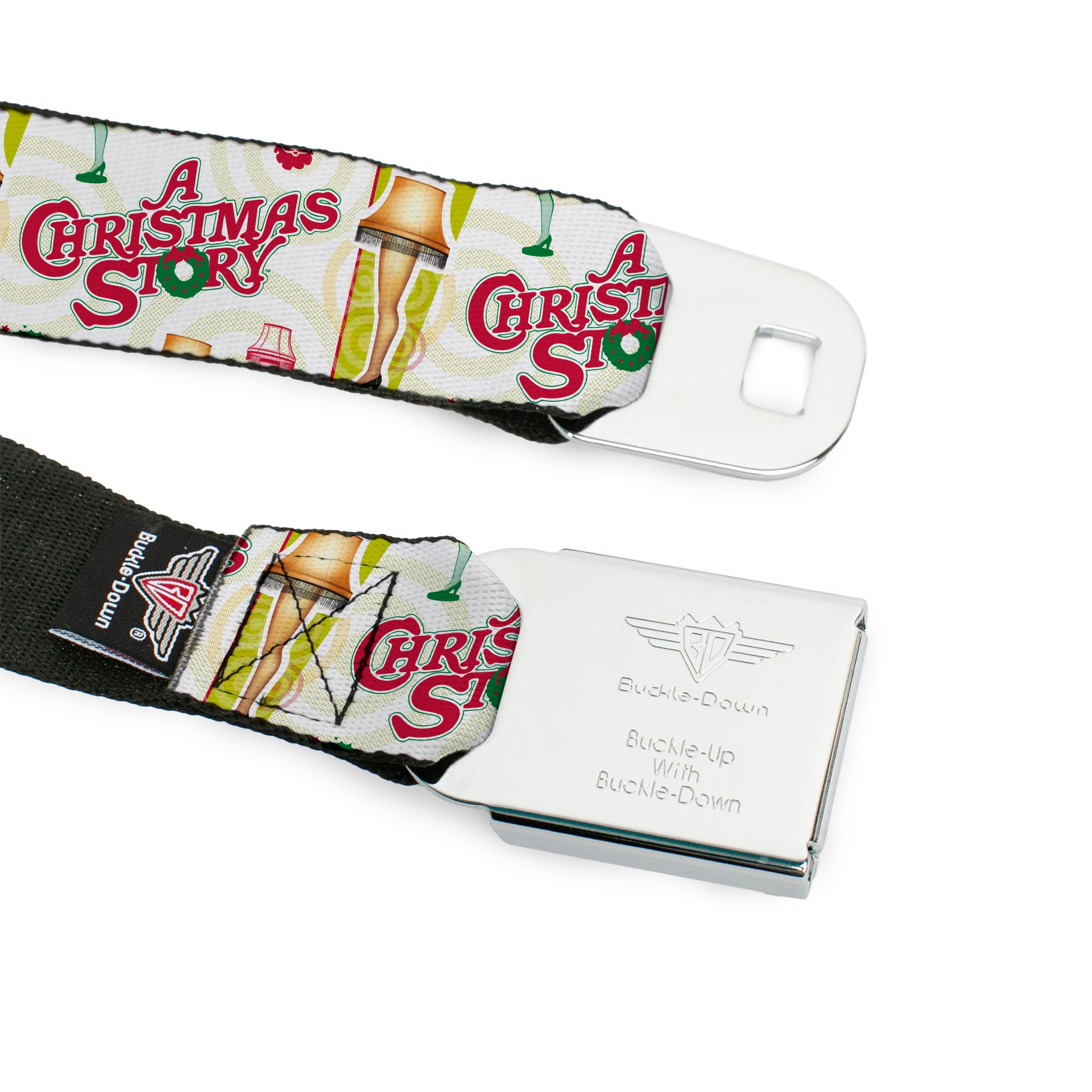 A CHRISTMAS STORY Wreath Logo Full Color Black/Red Seatbelt Belt - A CHRISTMAS STORY Leg Lamp and Title Logo White Webbing Seatbelt Belts A Christmas Story