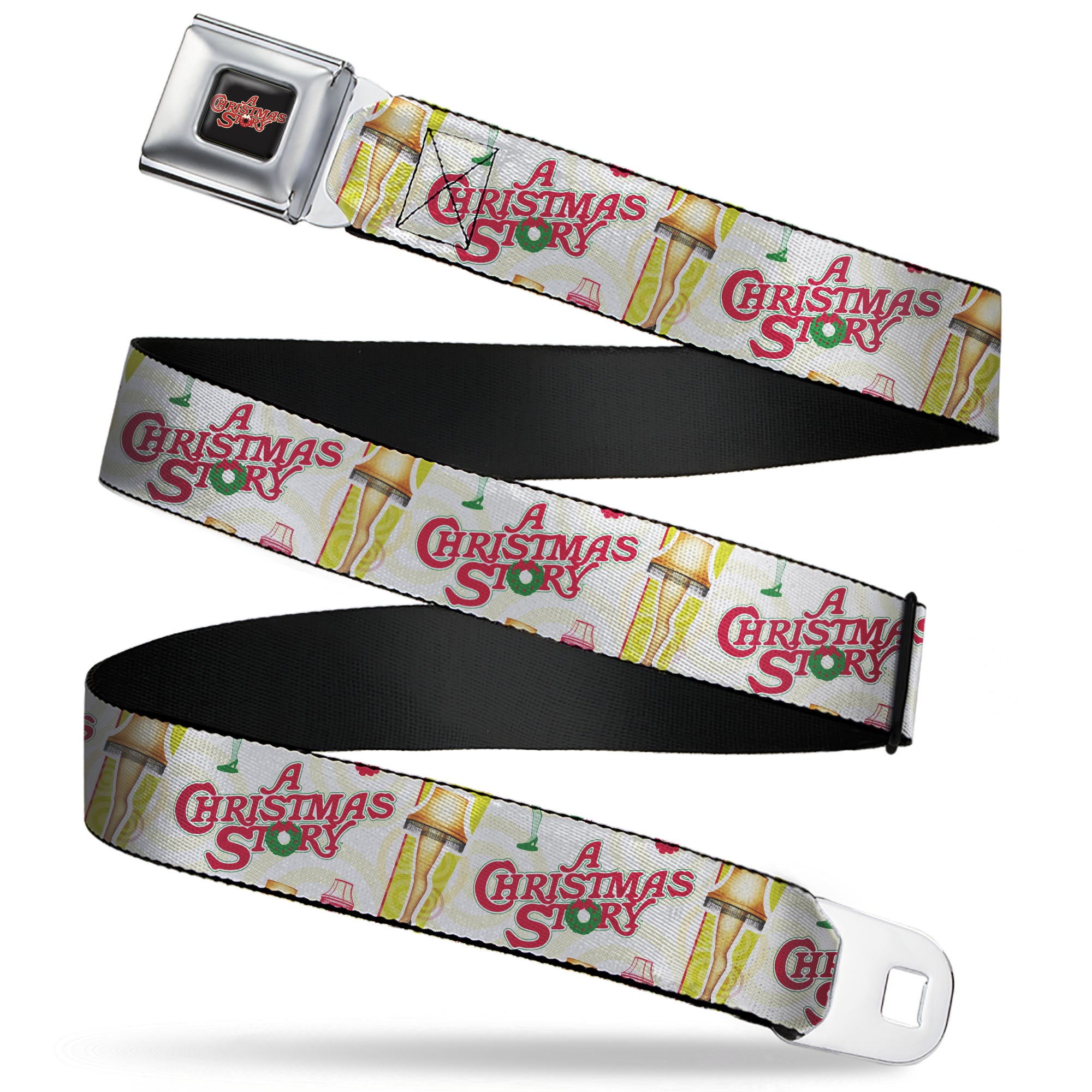 A CHRISTMAS STORY Wreath Logo Full Color Black/Red Seatbelt Belt - A CHRISTMAS STORY Leg Lamp and Title Logo White Webbing Seatbelt Belts A Christmas Story