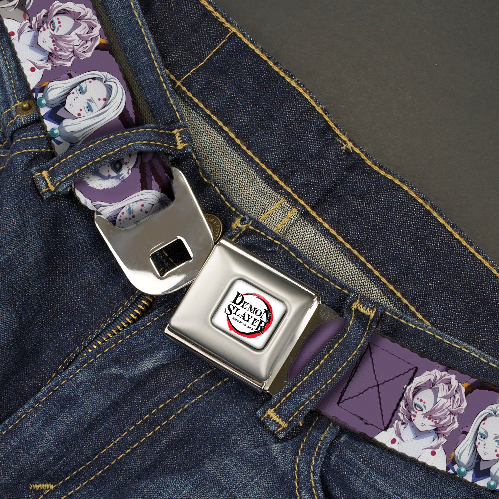 DEMON SLAYER Title Logo Full Color White Seatbelt Belt - Demon Slayer The Spider Family Poses Purple Webbing