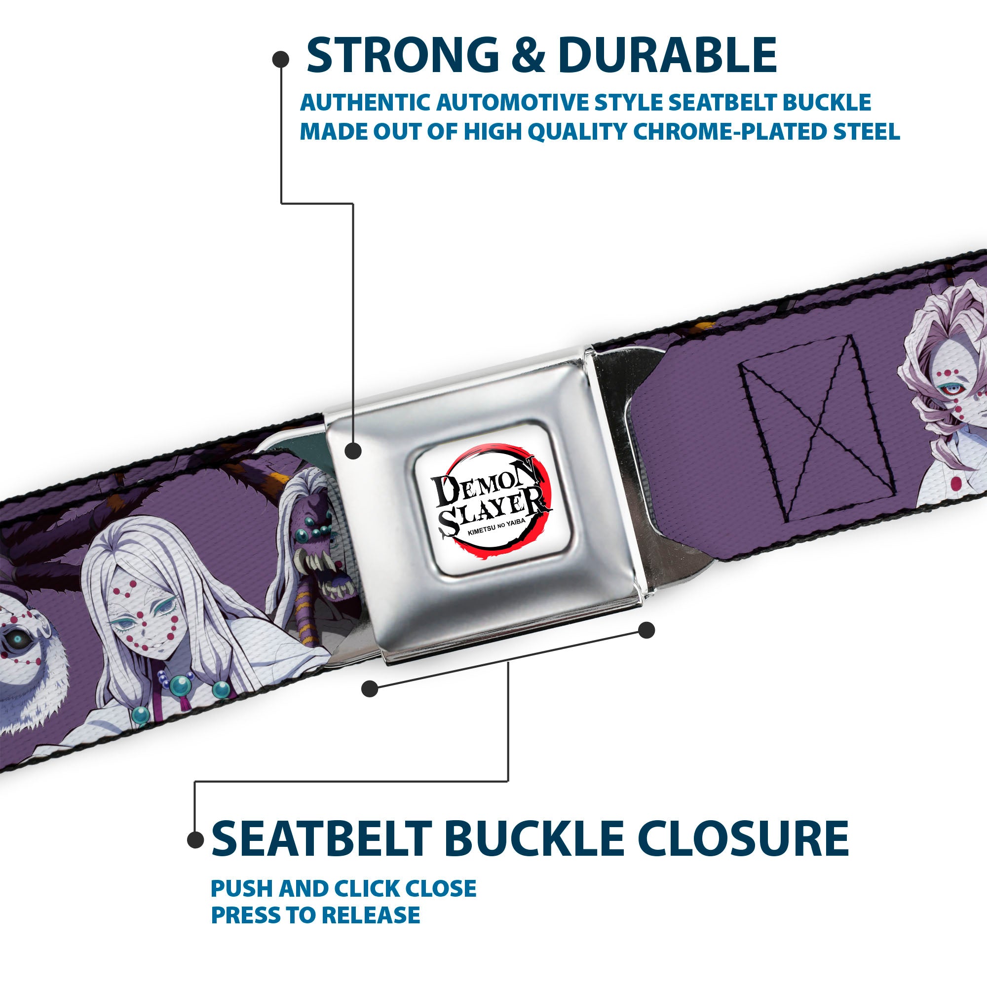 DEMON SLAYER Title Logo Full Color White Seatbelt Belt - Demon Slayer The Spider Family Poses Purple Webbing
