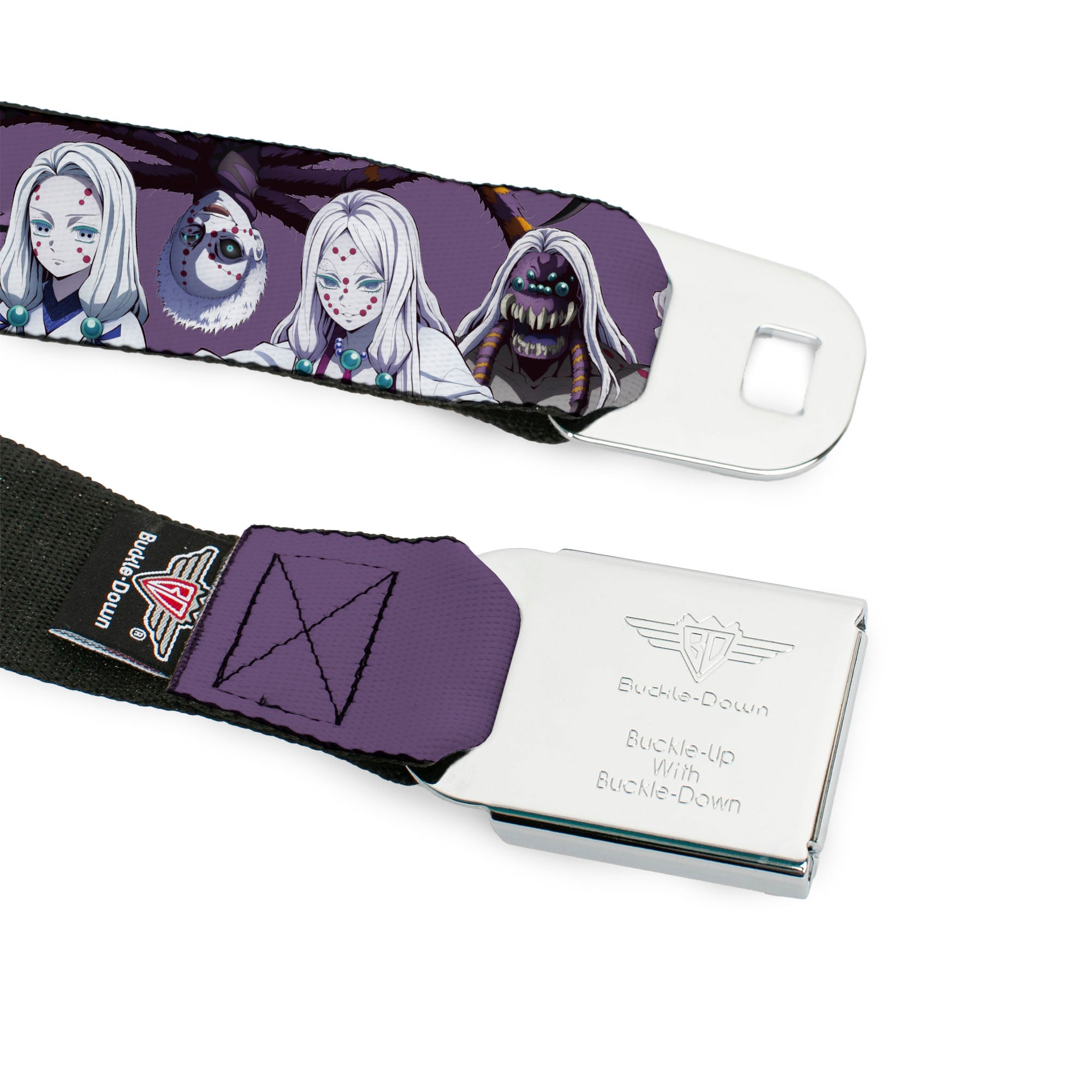 DEMON SLAYER Title Logo Full Color White Seatbelt Belt - Demon Slayer The Spider Family Poses Purple Webbing
