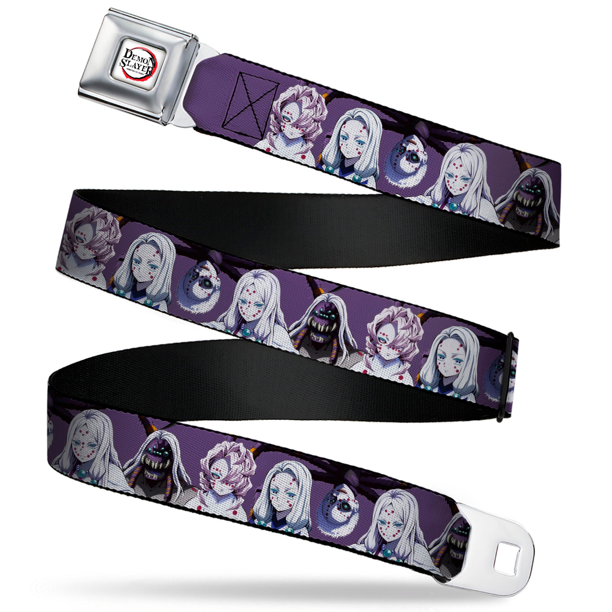 DEMON SLAYER Title Logo Full Color White Seatbelt Belt - Demon Slayer The Spider Family Poses Purple Webbing