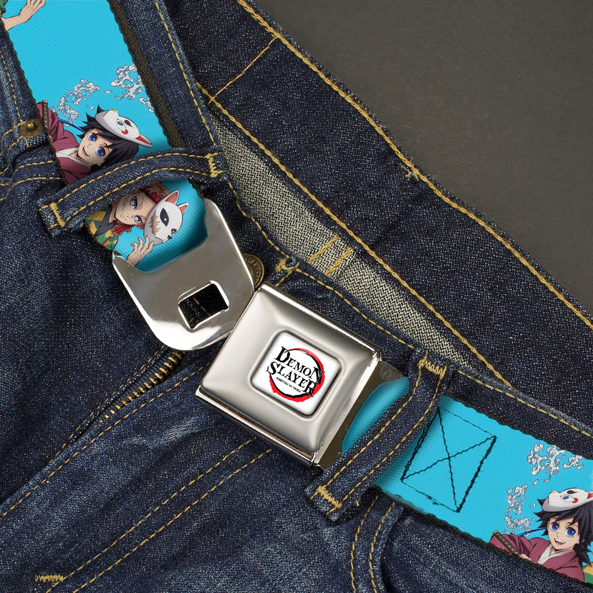 DEMON SLAYER Title Logo Full Color White Seatbelt Belt - Demon Slayer Giyu and Sabito Warding Mask Pose Blue Webbing