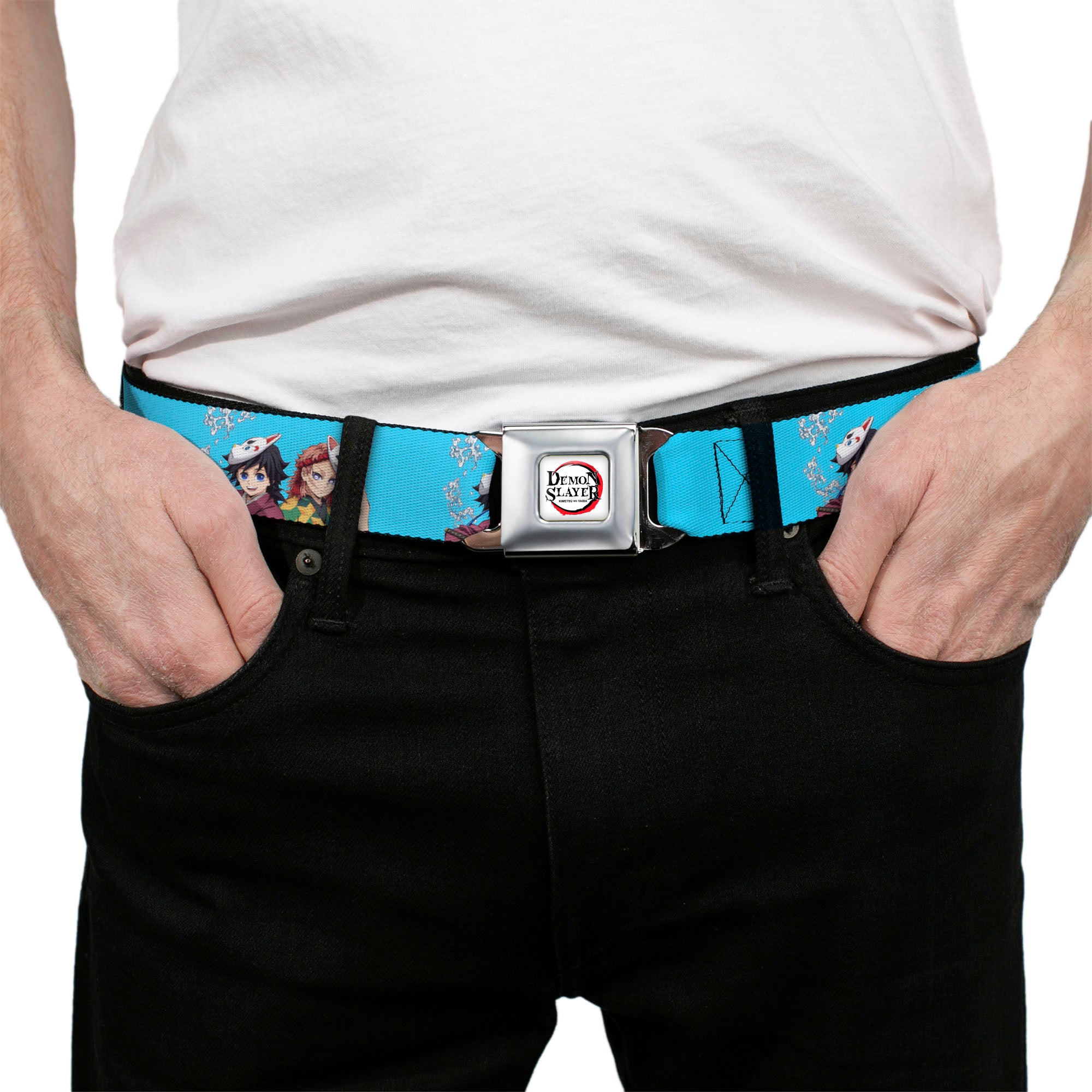 DEMON SLAYER Title Logo Full Color White Seatbelt Belt - Demon Slayer Giyu and Sabito Warding Mask Pose Blue Webbing