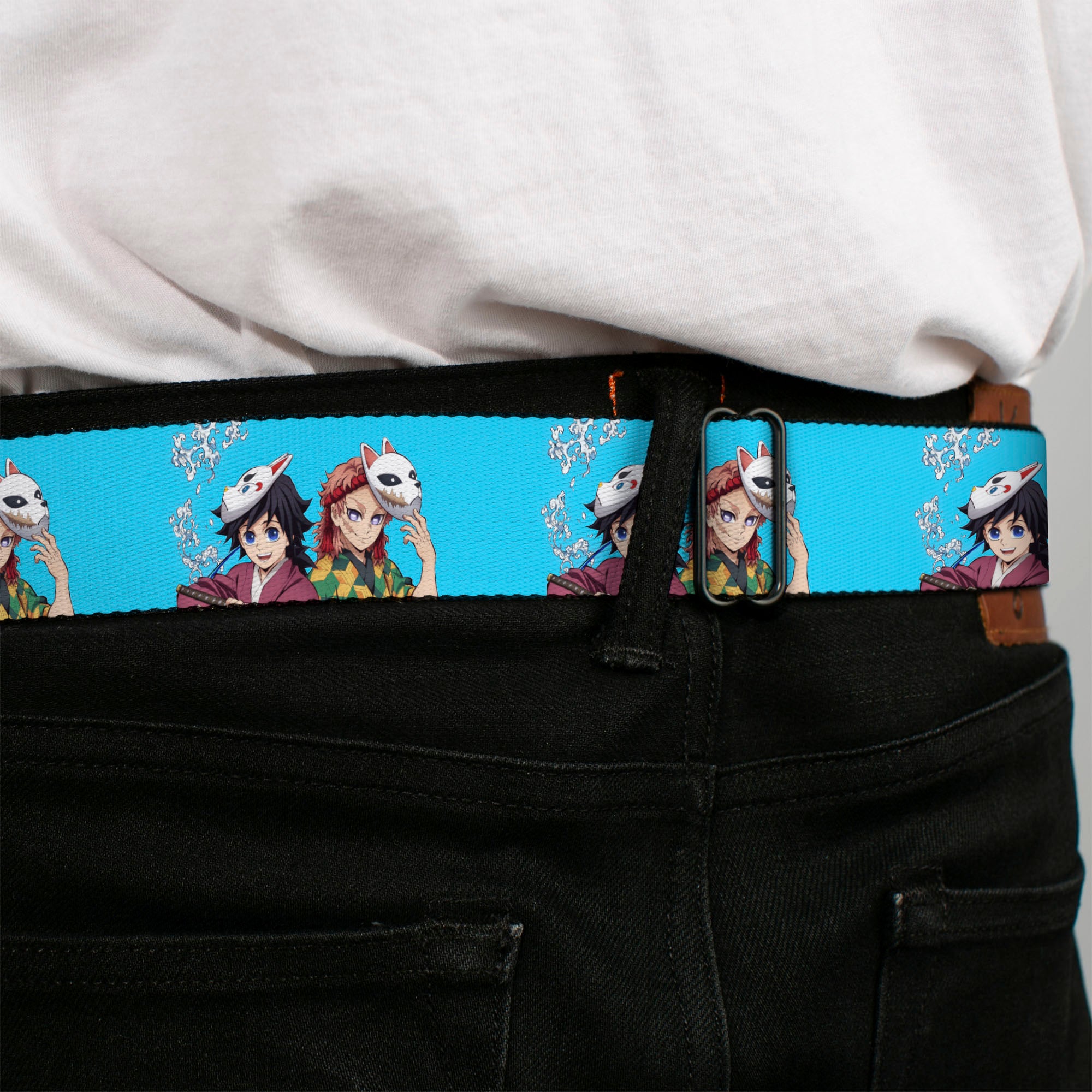 DEMON SLAYER Title Logo Full Color White Seatbelt Belt - Demon Slayer Giyu and Sabito Warding Mask Pose Blue Webbing