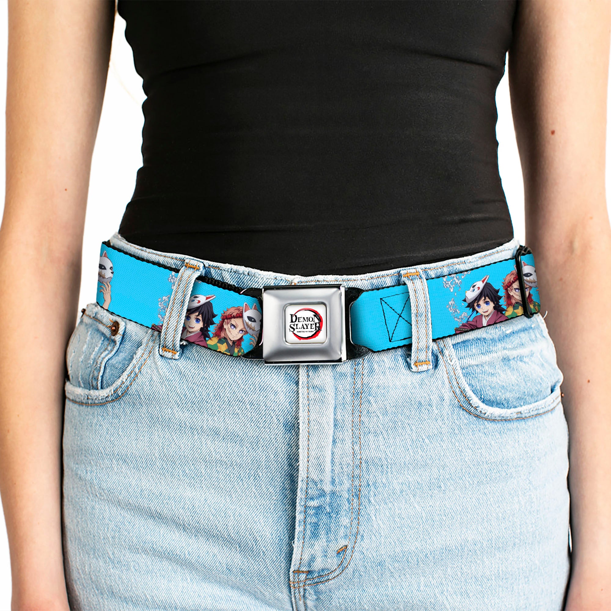 DEMON SLAYER Title Logo Full Color White Seatbelt Belt - Demon Slayer Giyu and Sabito Warding Mask Pose Blue Webbing