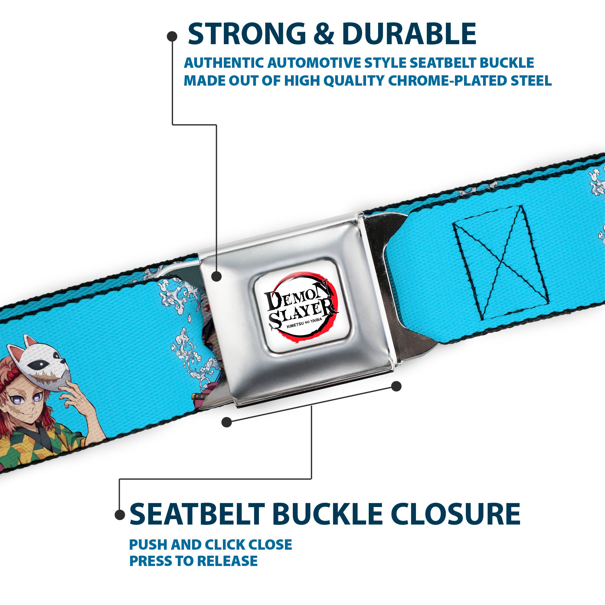 DEMON SLAYER Title Logo Full Color White Seatbelt Belt - Demon Slayer Giyu and Sabito Warding Mask Pose Blue Webbing