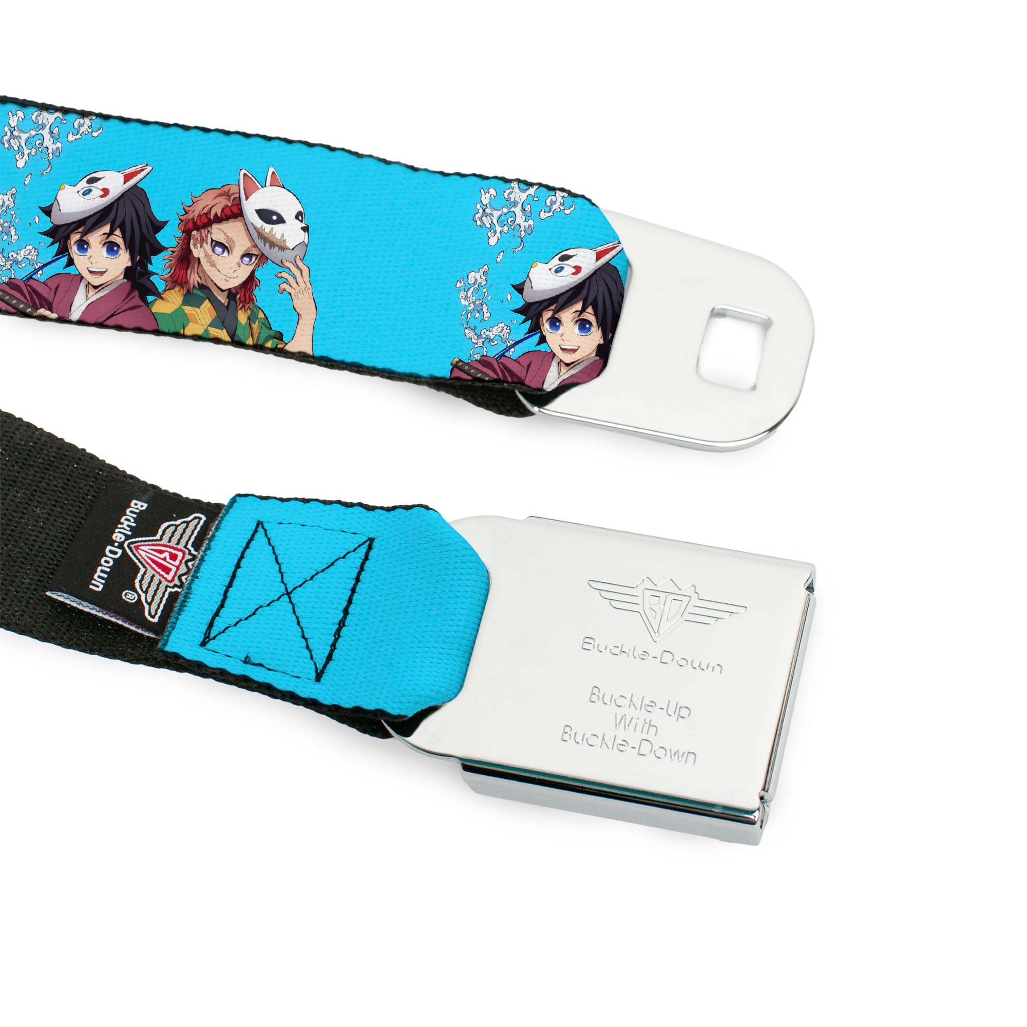 DEMON SLAYER Title Logo Full Color White Seatbelt Belt - Demon Slayer Giyu and Sabito Warding Mask Pose Blue Webbing