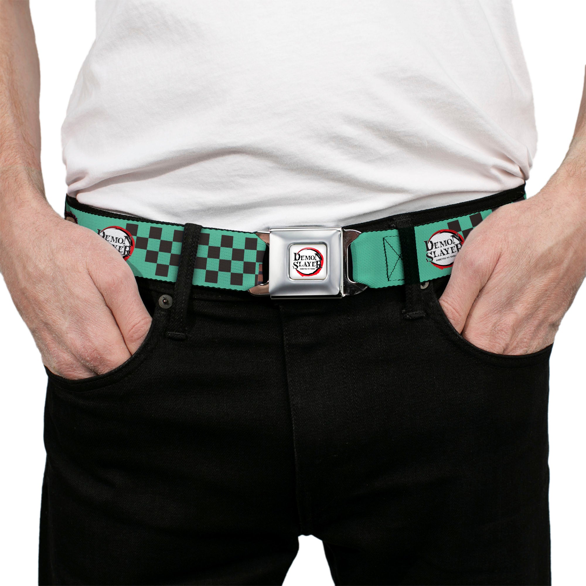 DEMON SLAYER Title Logo Full Color White Seatbelt Belt - DEMON SLAYER Tanjiro Kamado Backpack Pose Checker Green/Black Webbing