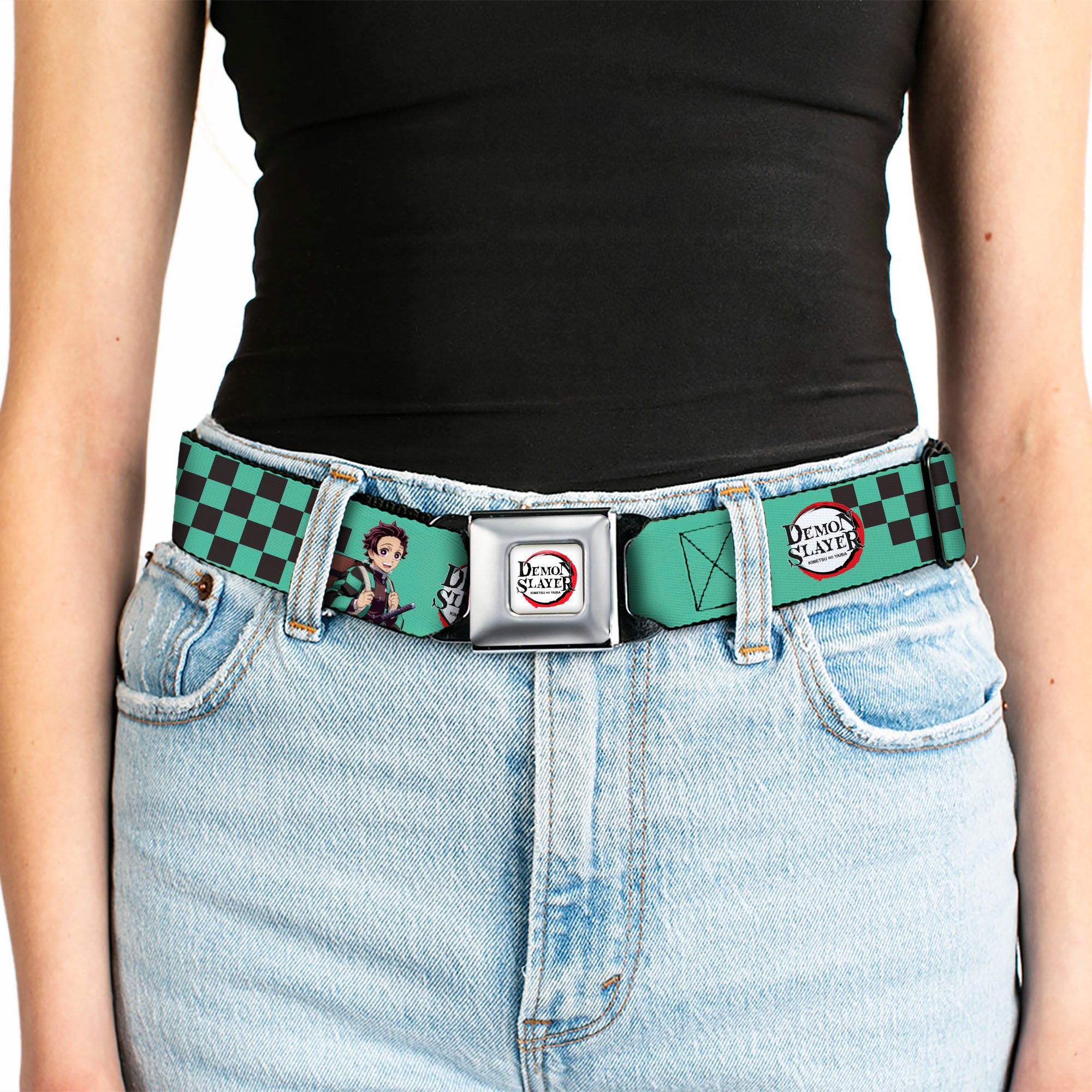 DEMON SLAYER Title Logo Full Color White Seatbelt Belt - DEMON SLAYER Tanjiro Kamado Backpack Pose Checker Green/Black Webbing