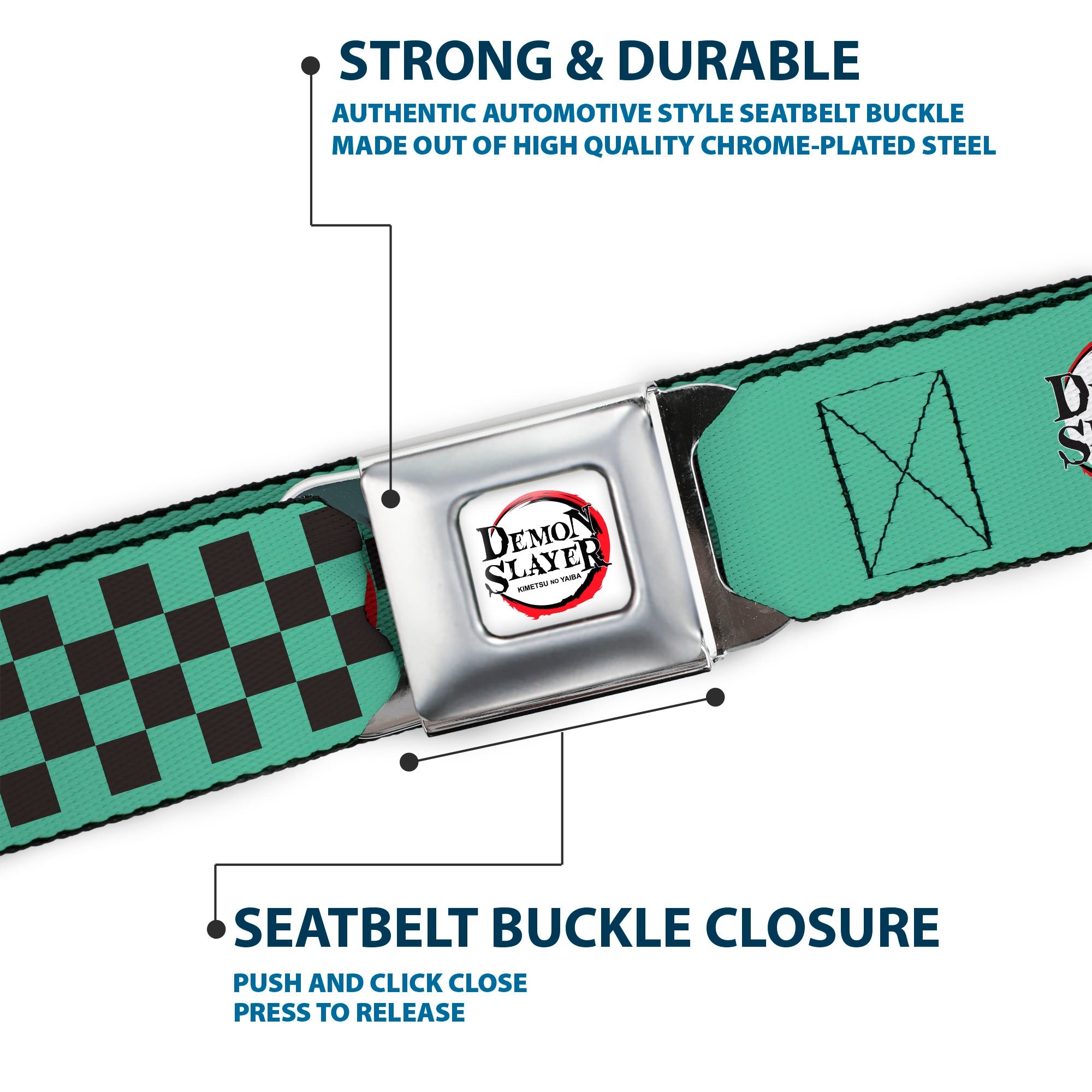 DEMON SLAYER Title Logo Full Color White Seatbelt Belt - DEMON SLAYER Tanjiro Kamado Backpack Pose Checker Green/Black Webbing