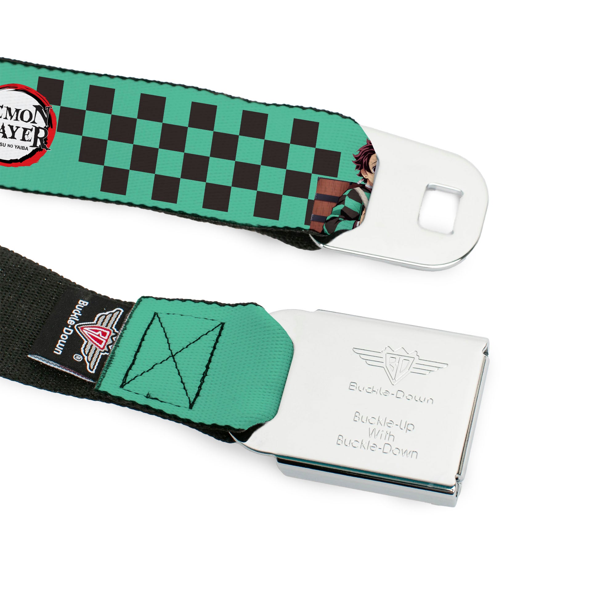 DEMON SLAYER Title Logo Full Color White Seatbelt Belt - DEMON SLAYER Tanjiro Kamado Backpack Pose Checker Green/Black Webbing