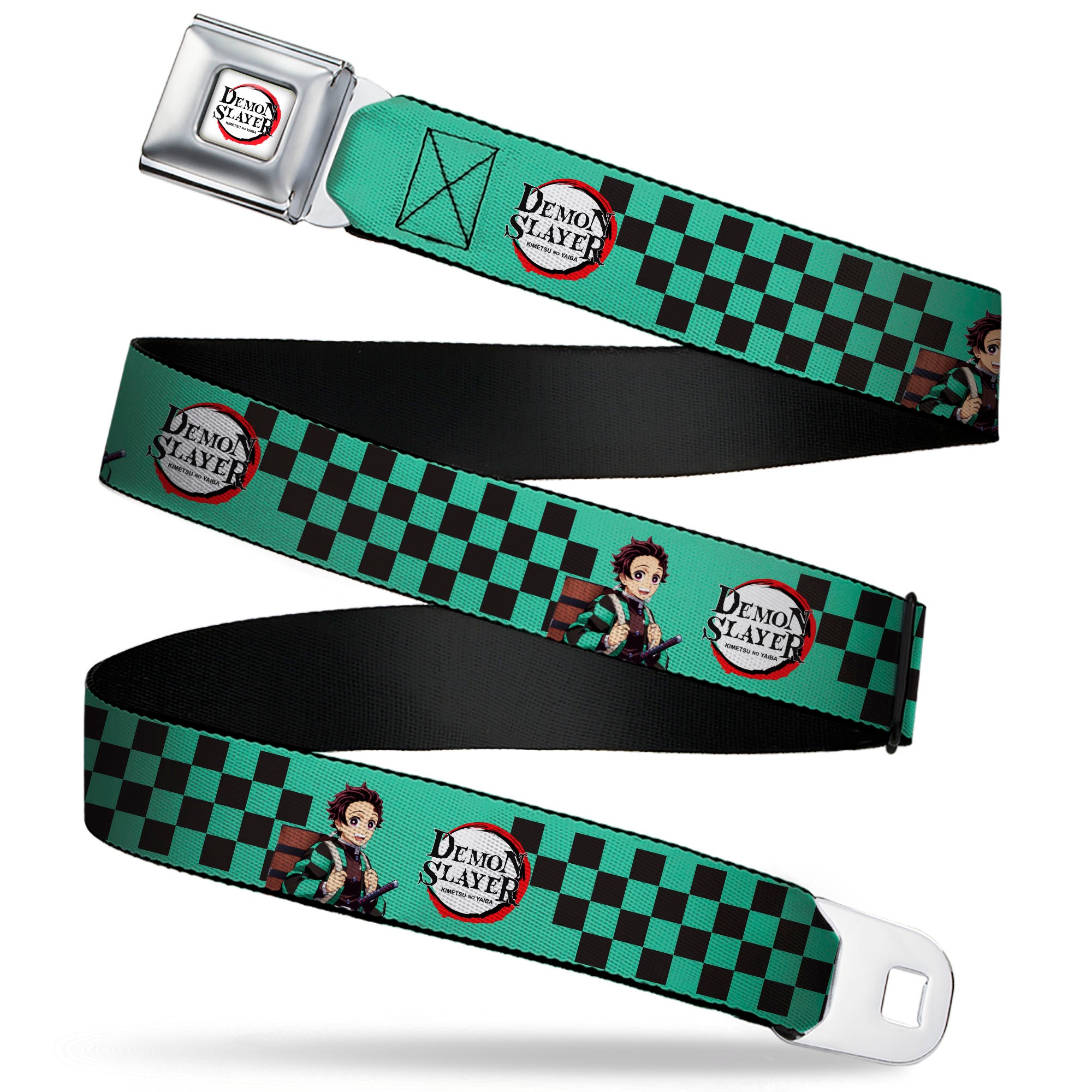 DEMON SLAYER Title Logo Full Color White Seatbelt Belt - DEMON SLAYER Tanjiro Kamado Backpack Pose Checker Green/Black Webbing