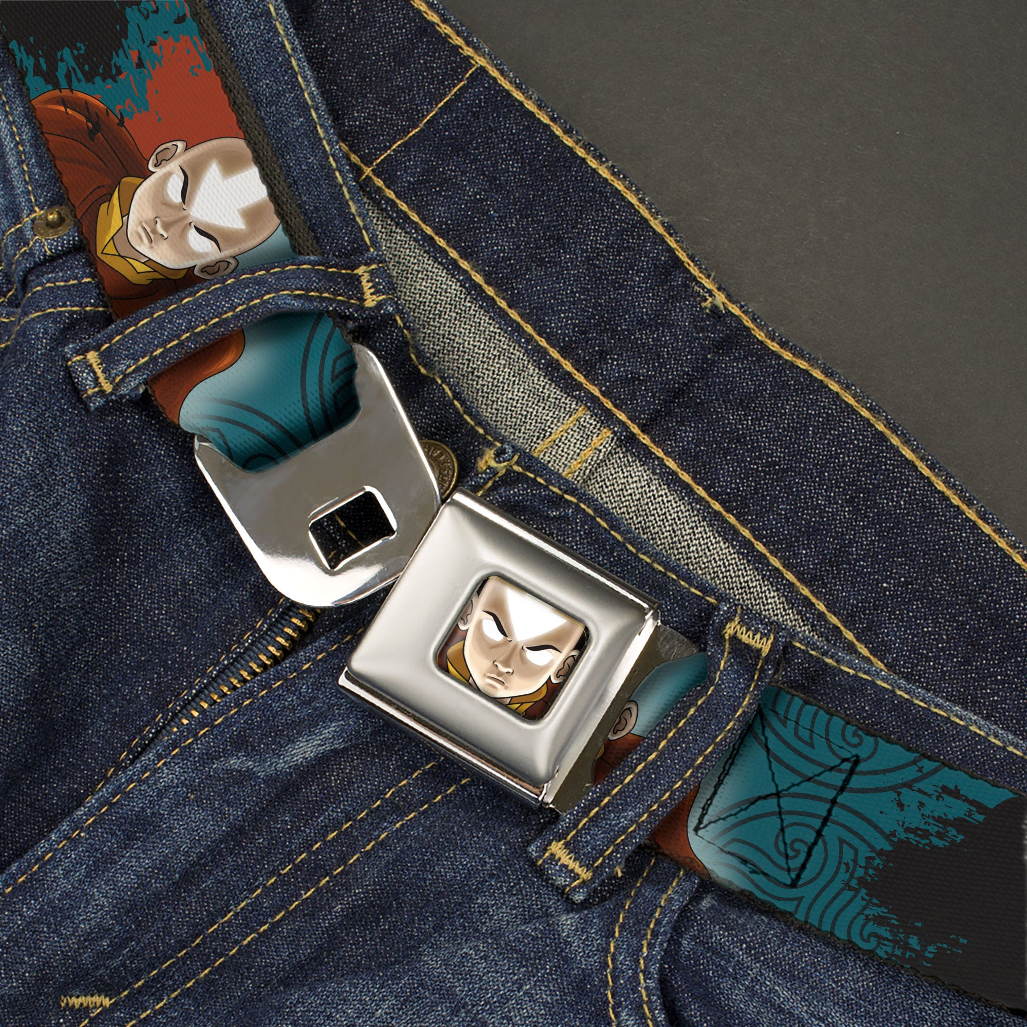 Avatar the Last Airbender Aang Face Close-Up Full Color Seatbelt Belt - AVATAR THE LAST AIRBENDER Aang Pose and Title Logo Blues/White Webbing Seatbelt Belts Avatar The Last Airbender