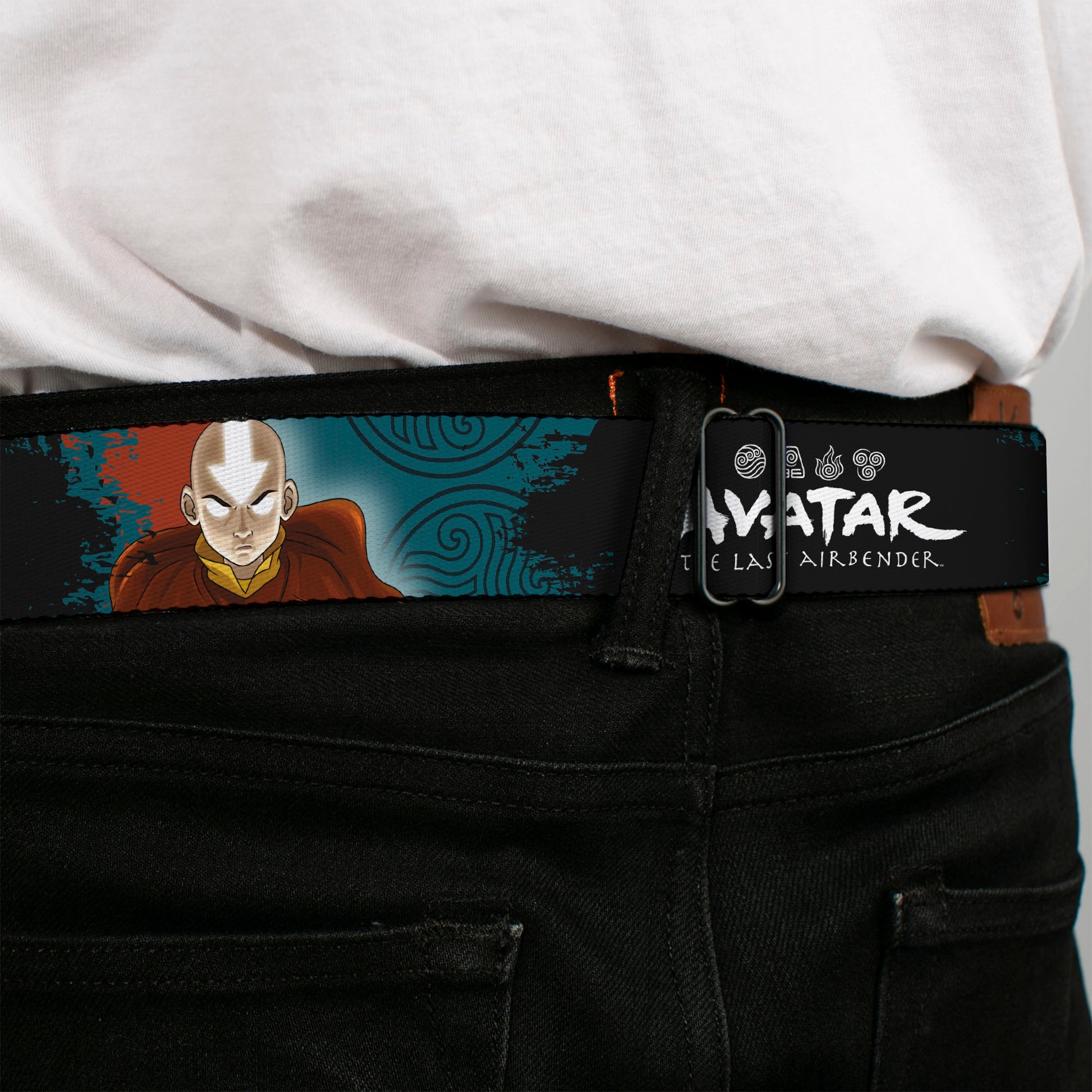 Avatar the Last Airbender Aang Face Close-Up Full Color Seatbelt Belt - AVATAR THE LAST AIRBENDER Aang Pose and Title Logo Blues/White Webbing Seatbelt Belts Avatar The Last Airbender
