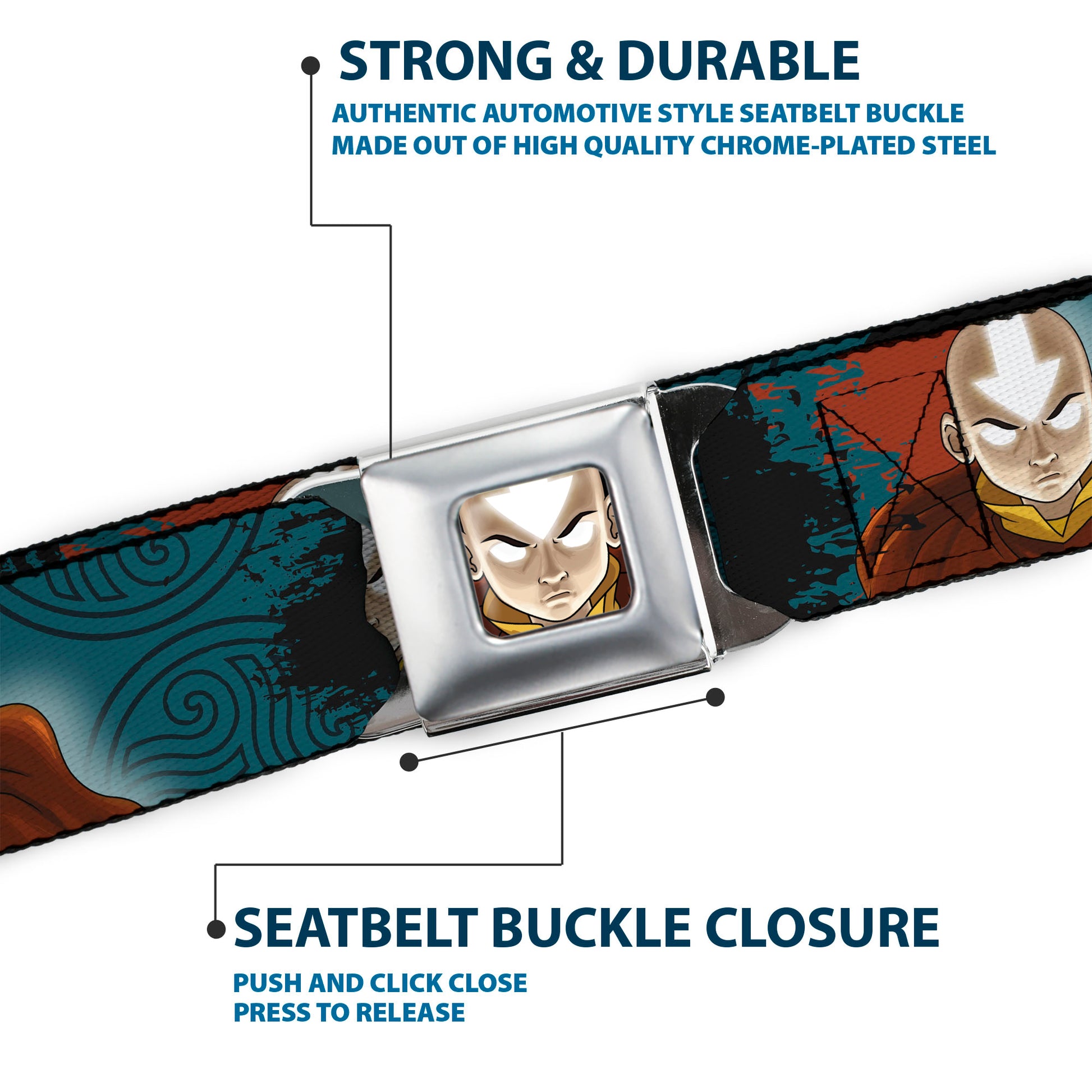 Avatar the Last Airbender Aang Face Close-Up Full Color Seatbelt Belt - AVATAR THE LAST AIRBENDER Aang Pose and Title Logo Blues/White Webbing Seatbelt Belts Avatar The Last Airbender