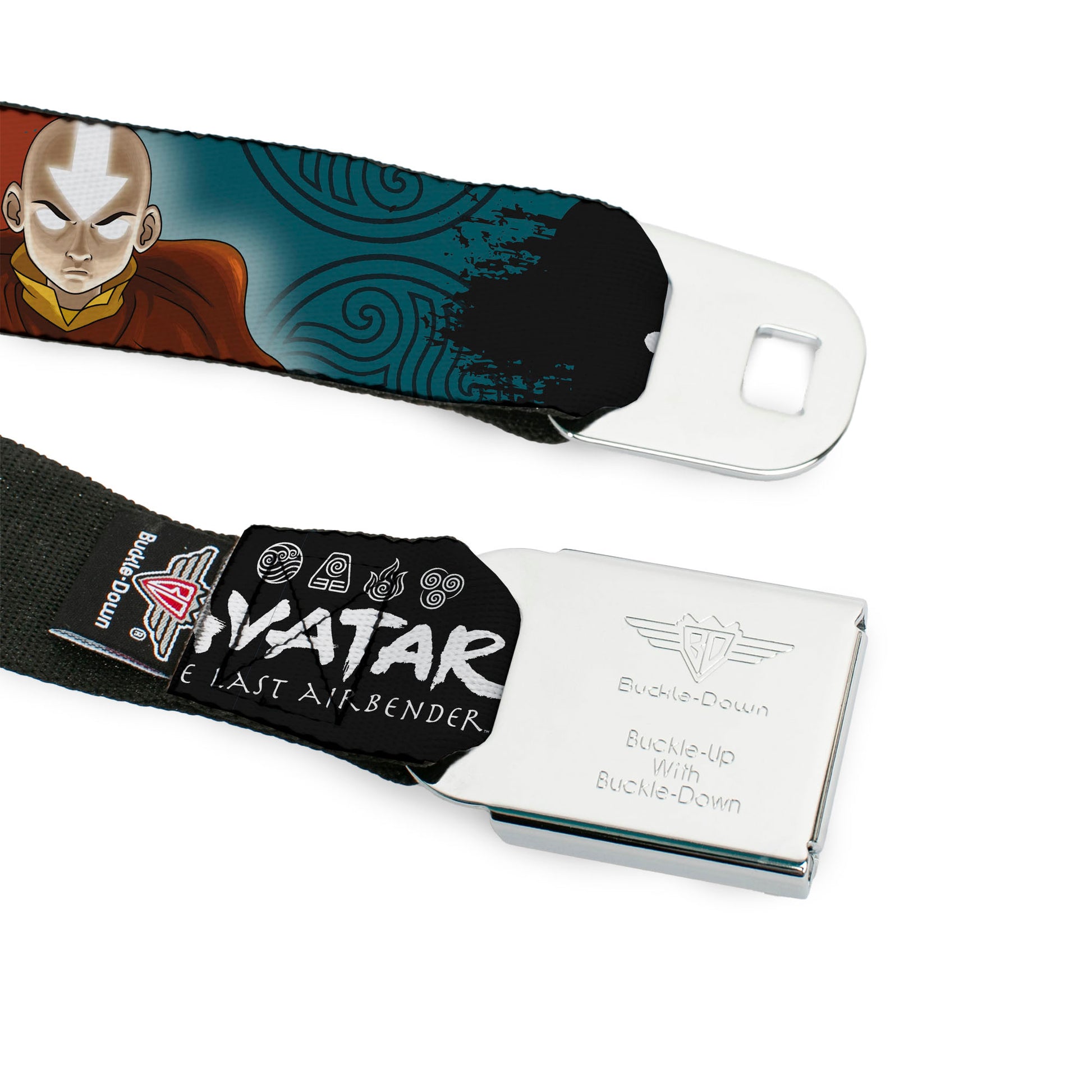 Avatar the Last Airbender Aang Face Close-Up Full Color Seatbelt Belt - AVATAR THE LAST AIRBENDER Aang Pose and Title Logo Blues/White Webbing Seatbelt Belts Avatar The Last Airbender