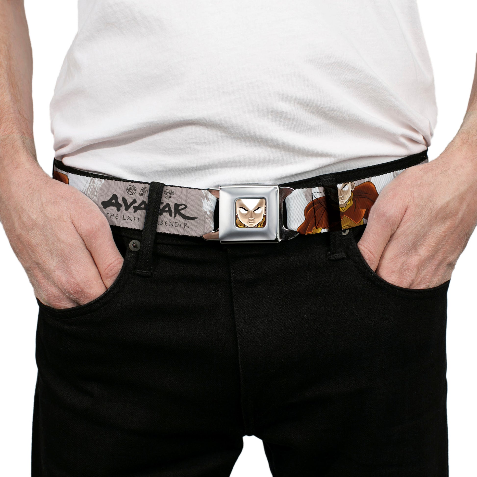 Avatar the Last Airbender Aang Face Close-Up Full Color Seatbelt Belt - AVATAR THE LAST AIRBENDER Aang Pose and Title Logo White/Grays/Black Webbing Seatbelt Belts Avatar The Last Airbender