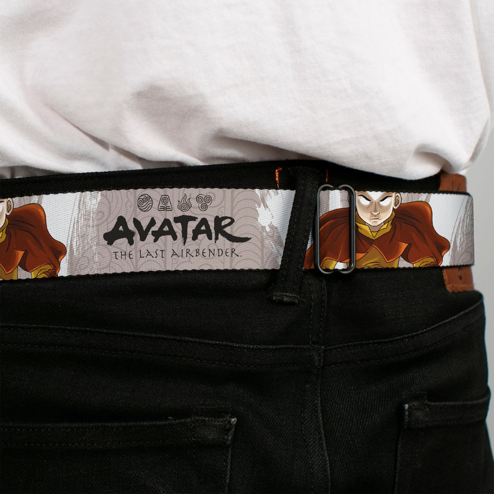 Avatar the Last Airbender Aang Face Close-Up Full Color Seatbelt Belt - AVATAR THE LAST AIRBENDER Aang Pose and Title Logo White/Grays/Black Webbing Seatbelt Belts Avatar The Last Airbender
