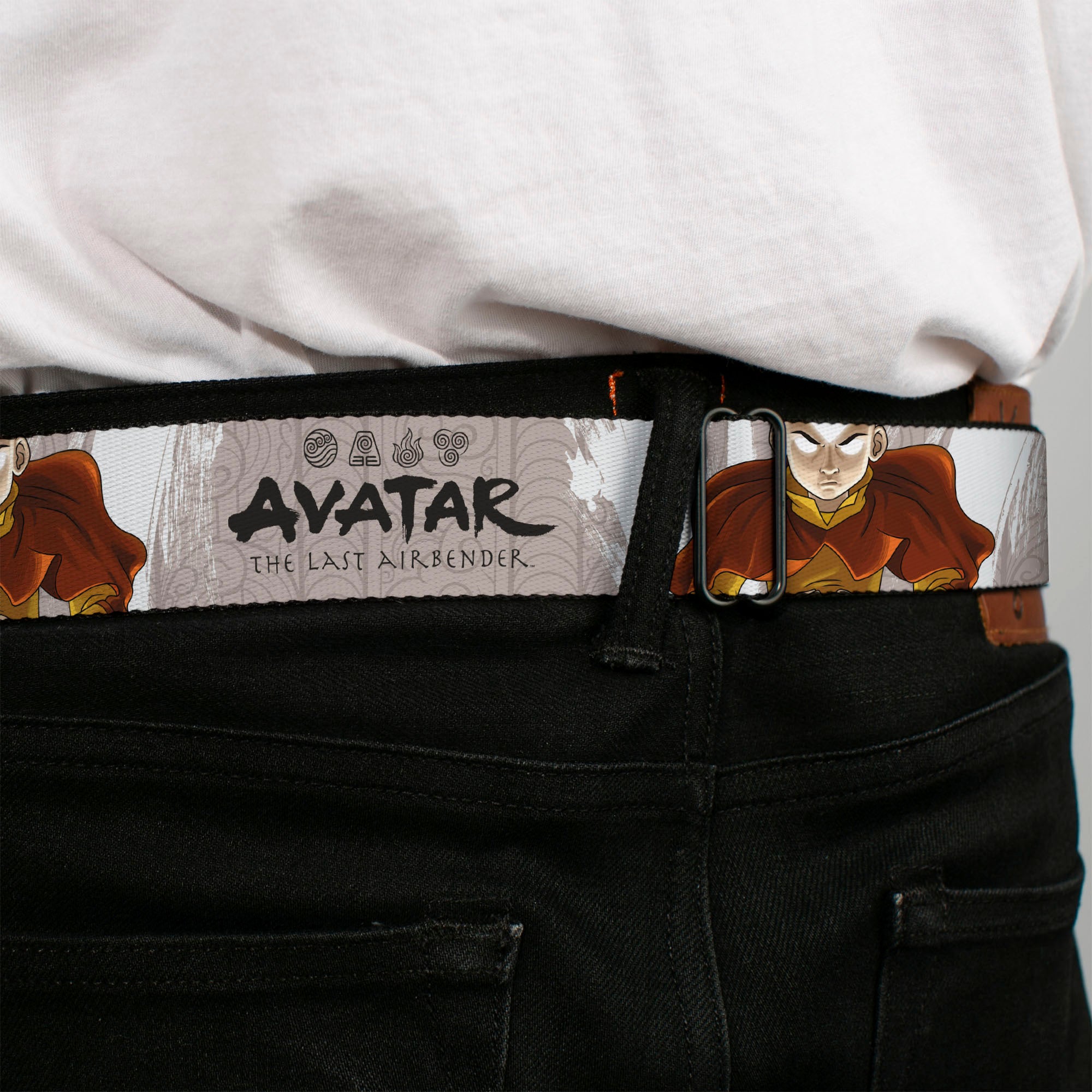 Avatar the Last Airbender Aang Face Close-Up Full Color Seatbelt Belt - AVATAR THE LAST AIRBENDER Aang Pose and Title Logo White/Grays/Black Webbing Seatbelt Belts Avatar The Last Airbender