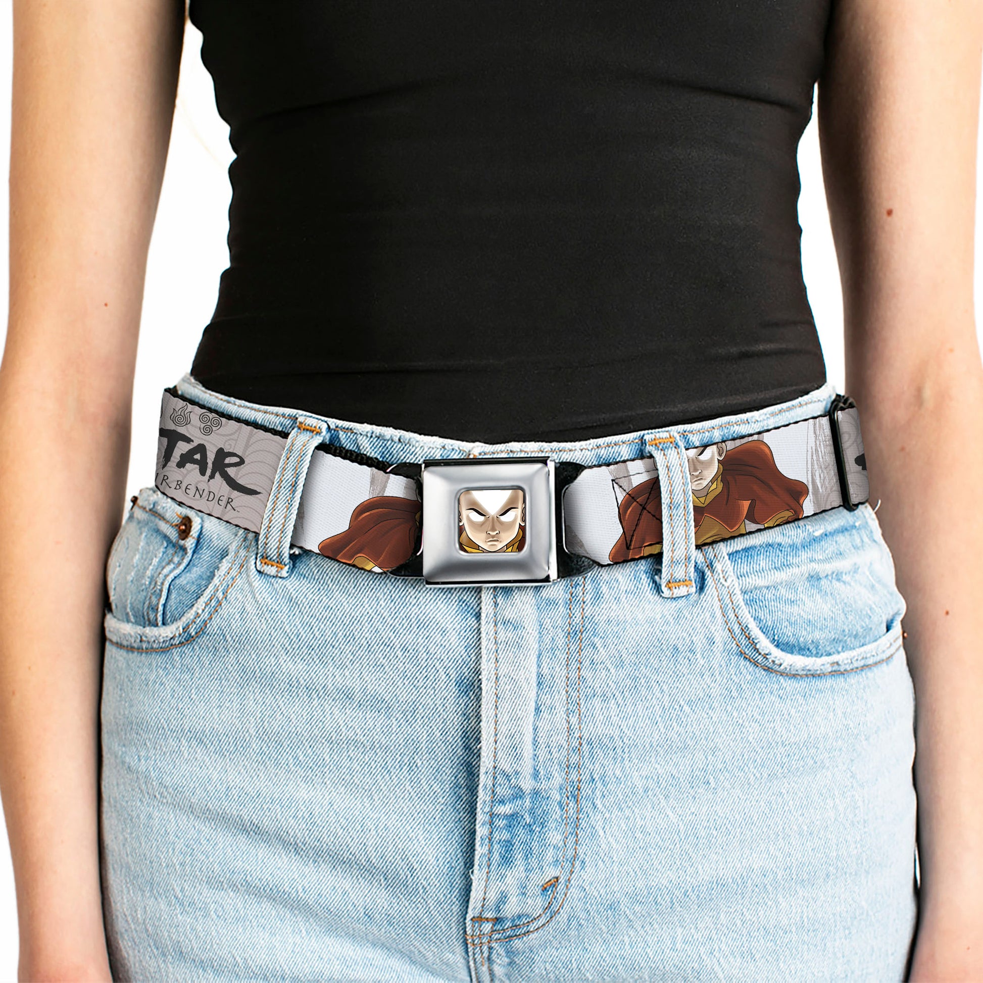Avatar the Last Airbender Aang Face Close-Up Full Color Seatbelt Belt - AVATAR THE LAST AIRBENDER Aang Pose and Title Logo White/Grays/Black Webbing Seatbelt Belts Avatar The Last Airbender