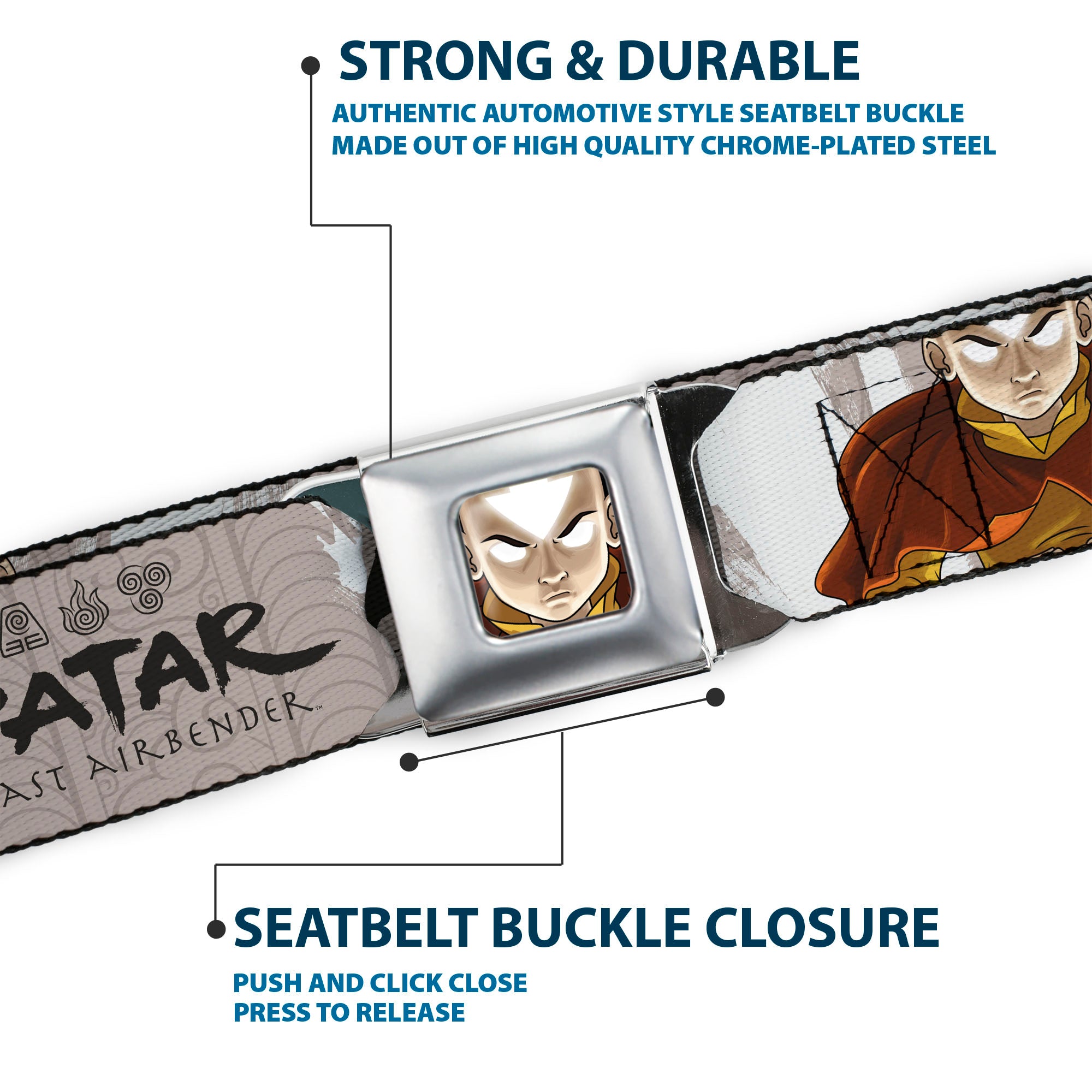Avatar the Last Airbender Aang Face Close-Up Full Color Seatbelt Belt - AVATAR THE LAST AIRBENDER Aang Pose and Title Logo White/Grays/Black Webbing Seatbelt Belts Avatar The Last Airbender
