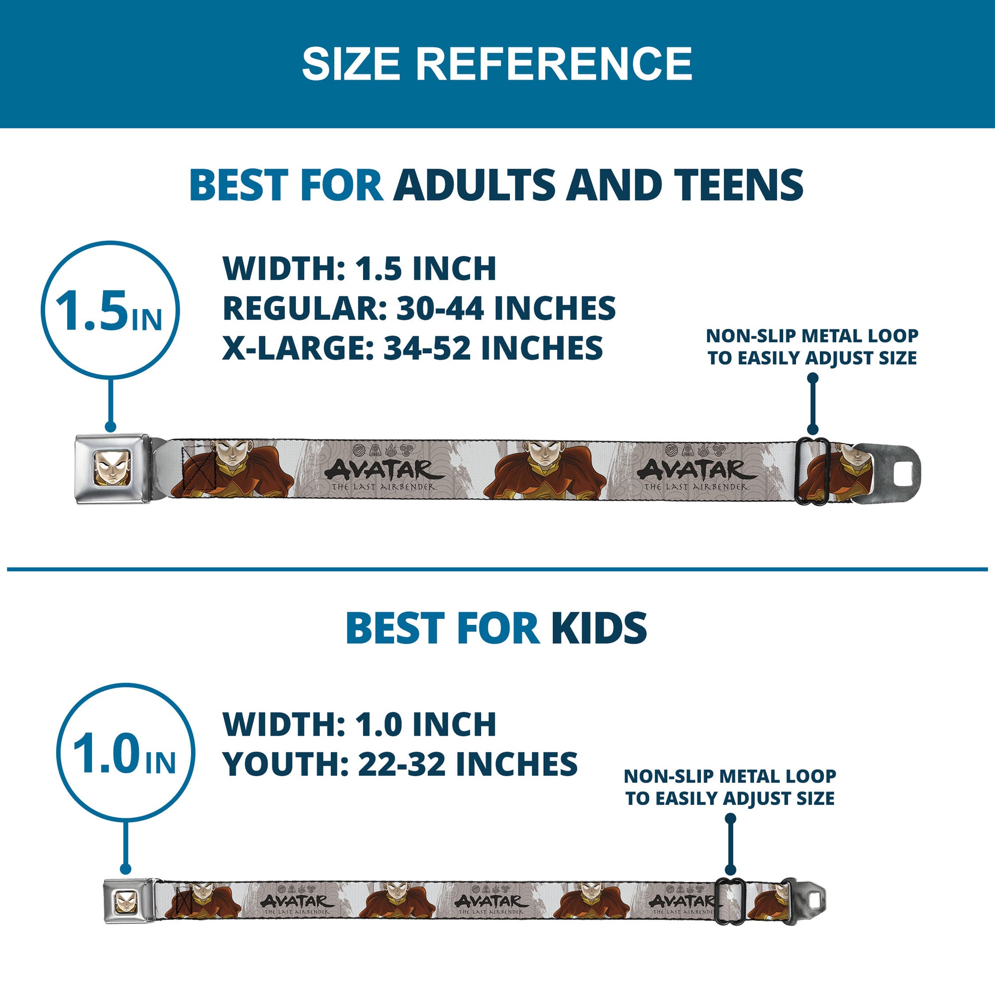 Avatar the Last Airbender Aang Face Close-Up Full Color Seatbelt Belt - AVATAR THE LAST AIRBENDER Aang Pose and Title Logo White/Grays/Black Webbing Seatbelt Belts Avatar The Last Airbender