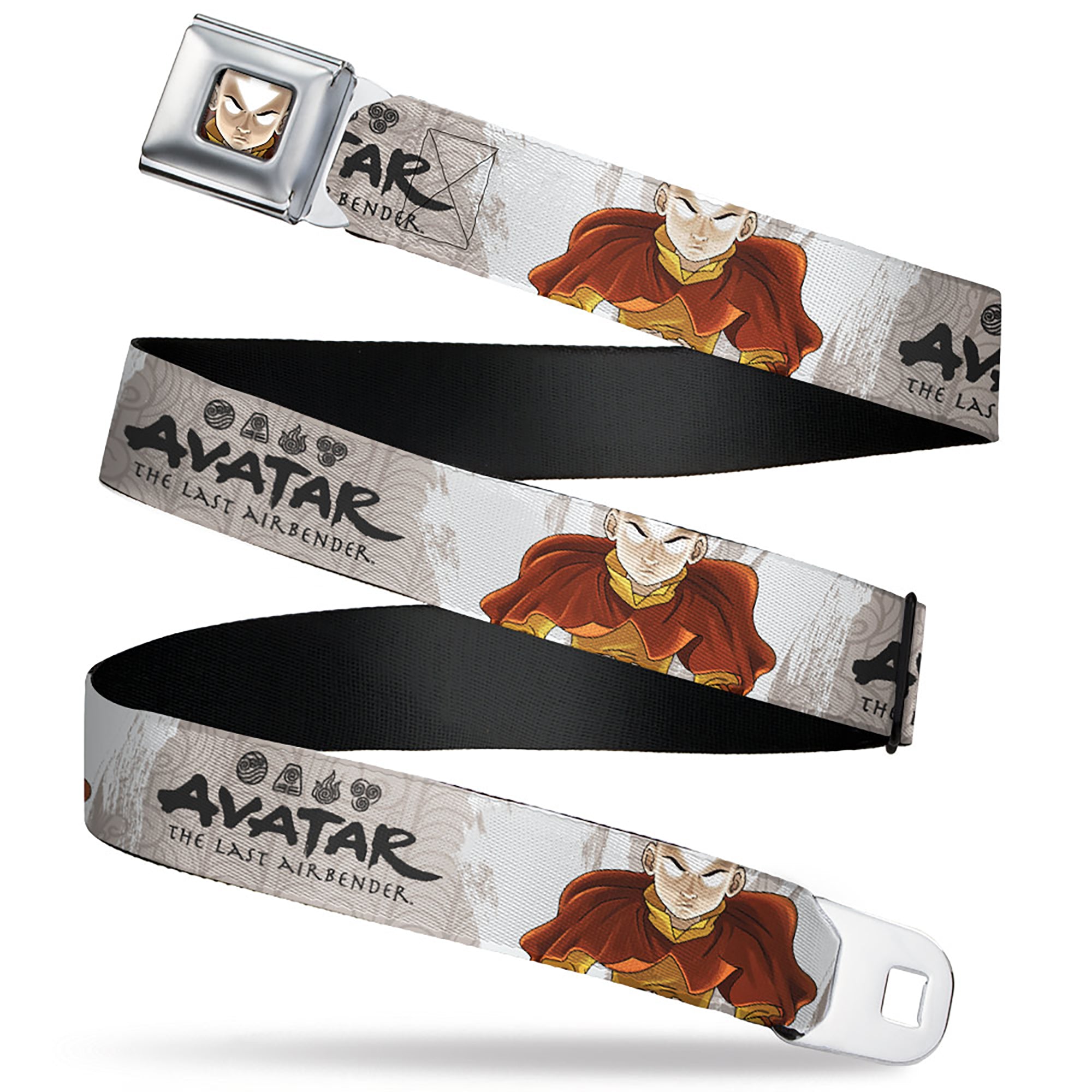Avatar the Last Airbender Aang Face Close-Up Full Color Seatbelt Belt - AVATAR THE LAST AIRBENDER Aang Pose and Title Logo White/Grays/Black Webbing Seatbelt Belts Avatar The Last Airbender