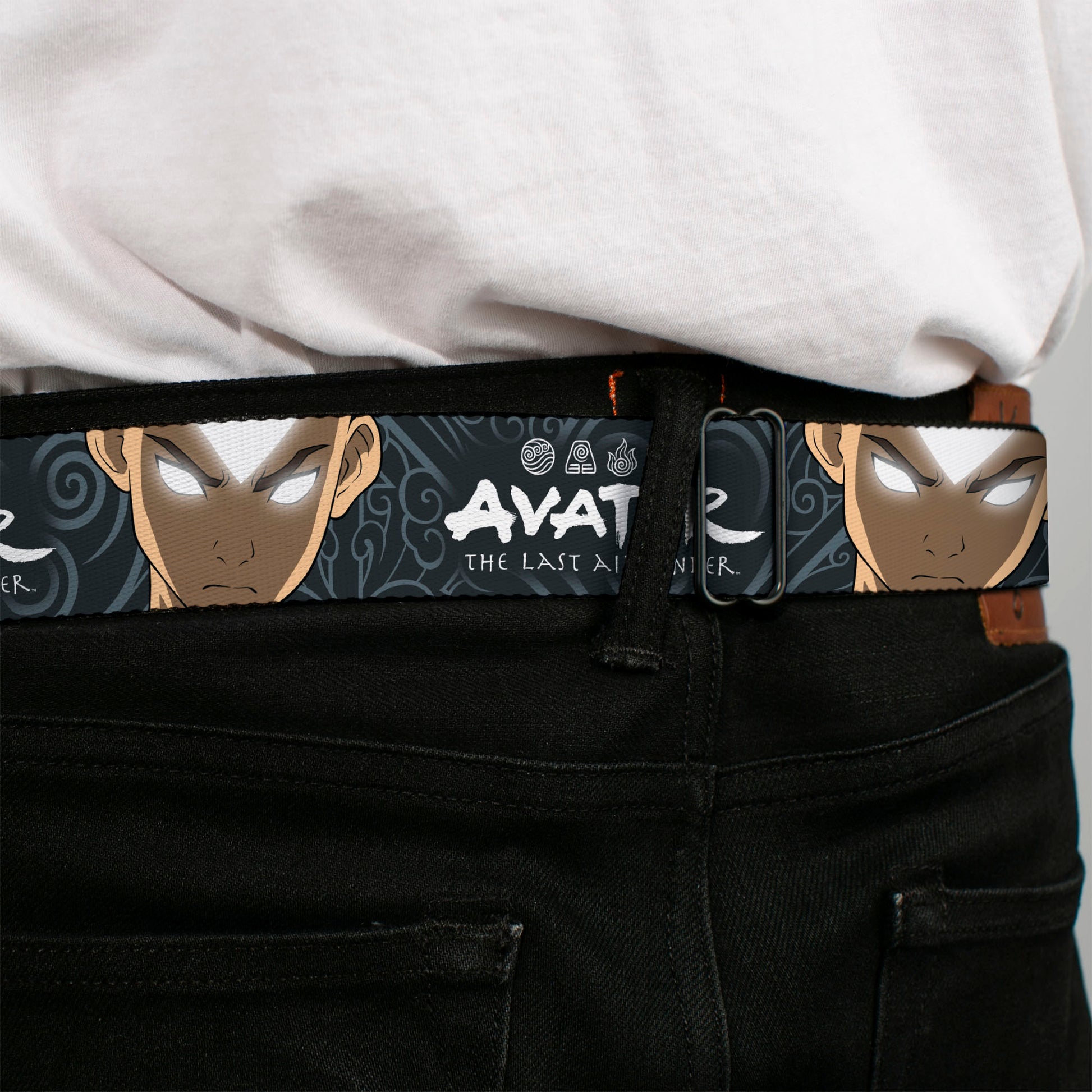Avatar the Last Airbender Aang Face Close-Up Full Color Seatbelt Belt - AVATAR THE LAST AIRBENDER Aang Face Close-Up and Title Logo Blues/White Webbing Seatbelt Belts Avatar The Last Airbender