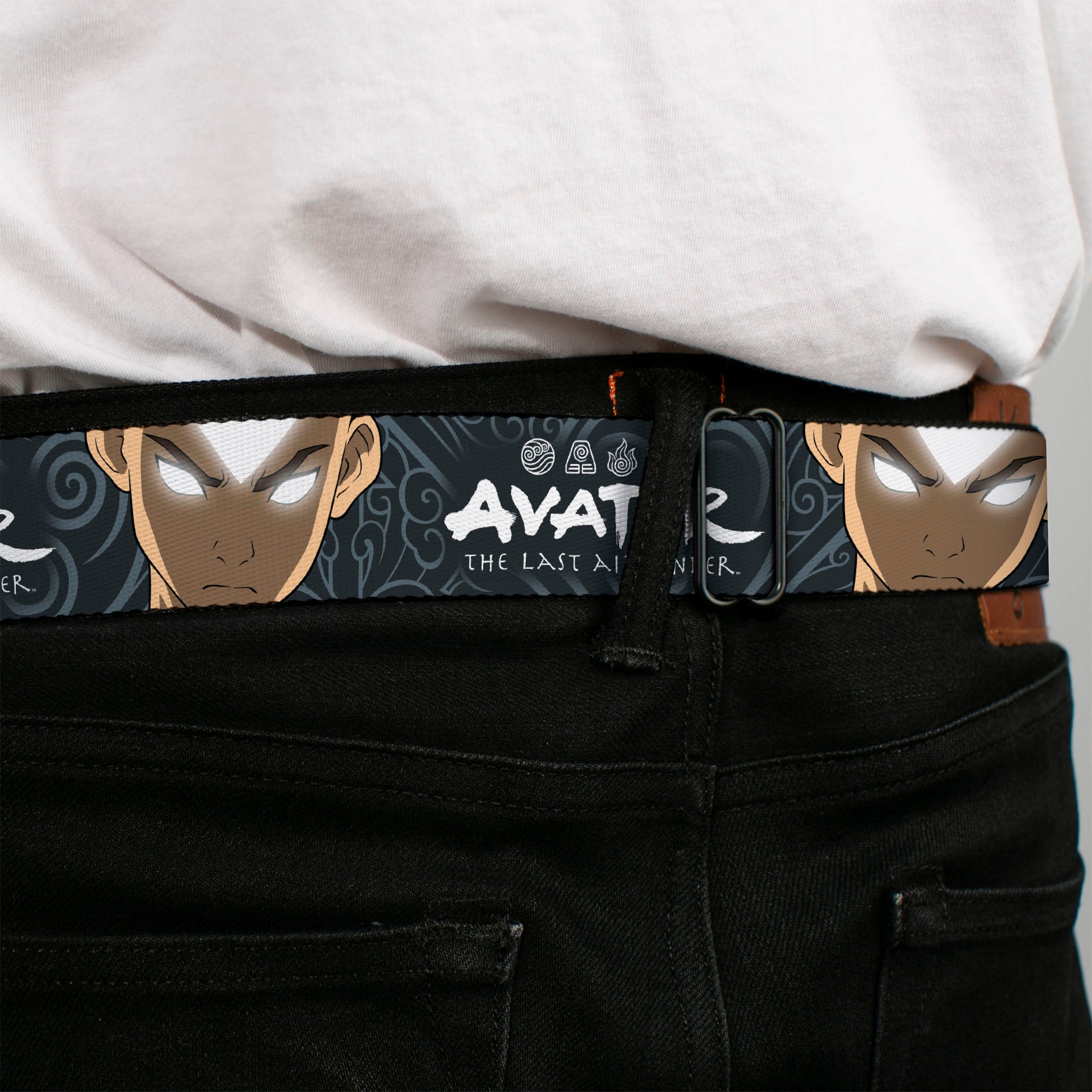 Avatar the Last Airbender Aang Face Close-Up Full Color Seatbelt Belt - AVATAR THE LAST AIRBENDER Aang Face Close-Up and Title Logo Blues/White Webbing Seatbelt Belts Avatar The Last Airbender