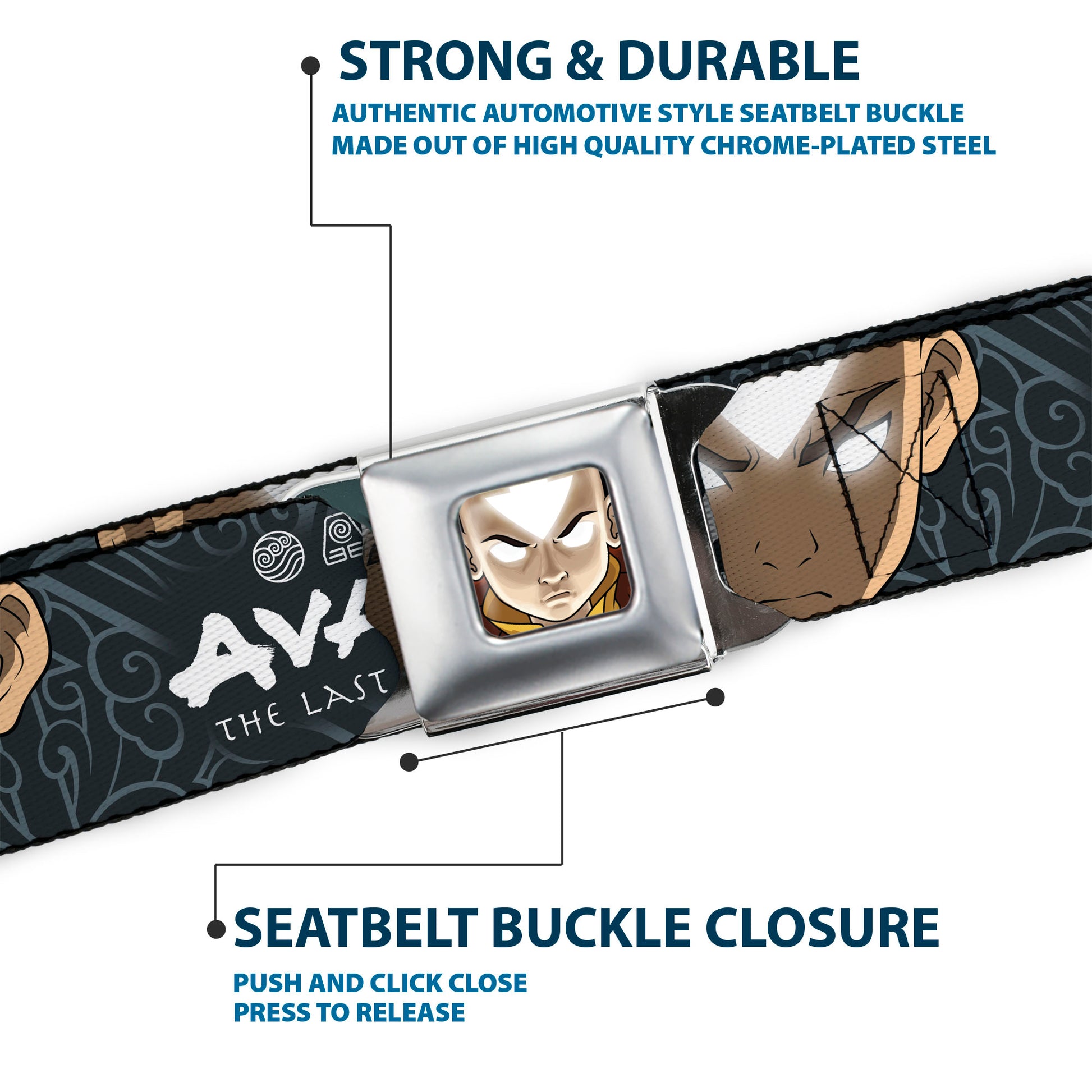 Avatar the Last Airbender Aang Face Close-Up Full Color Seatbelt Belt - AVATAR THE LAST AIRBENDER Aang Face Close-Up and Title Logo Blues/White Webbing Seatbelt Belts Avatar The Last Airbender