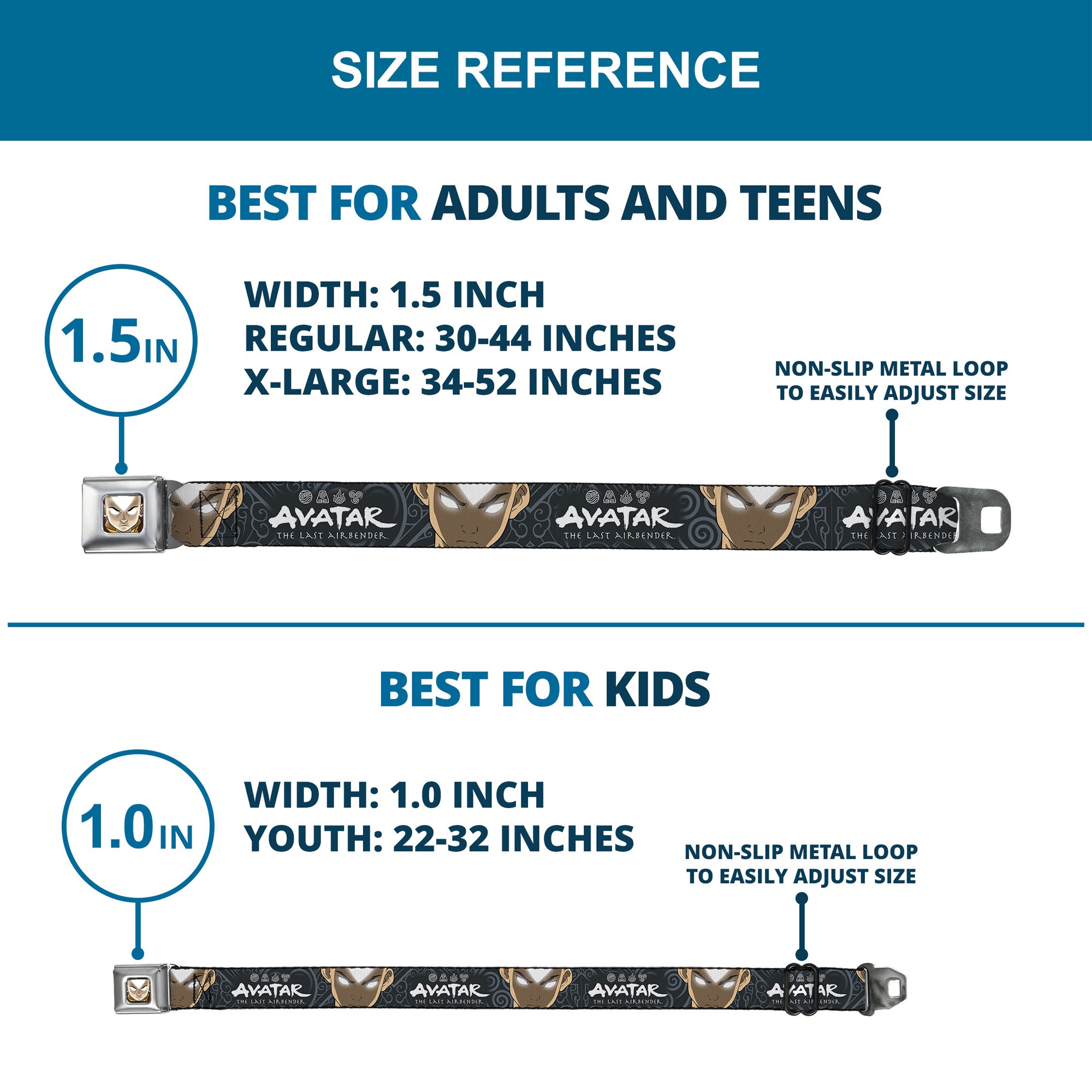 Avatar the Last Airbender Aang Face Close-Up Full Color Seatbelt Belt - AVATAR THE LAST AIRBENDER Aang Face Close-Up and Title Logo Blues/White Webbing Seatbelt Belts Avatar The Last Airbender