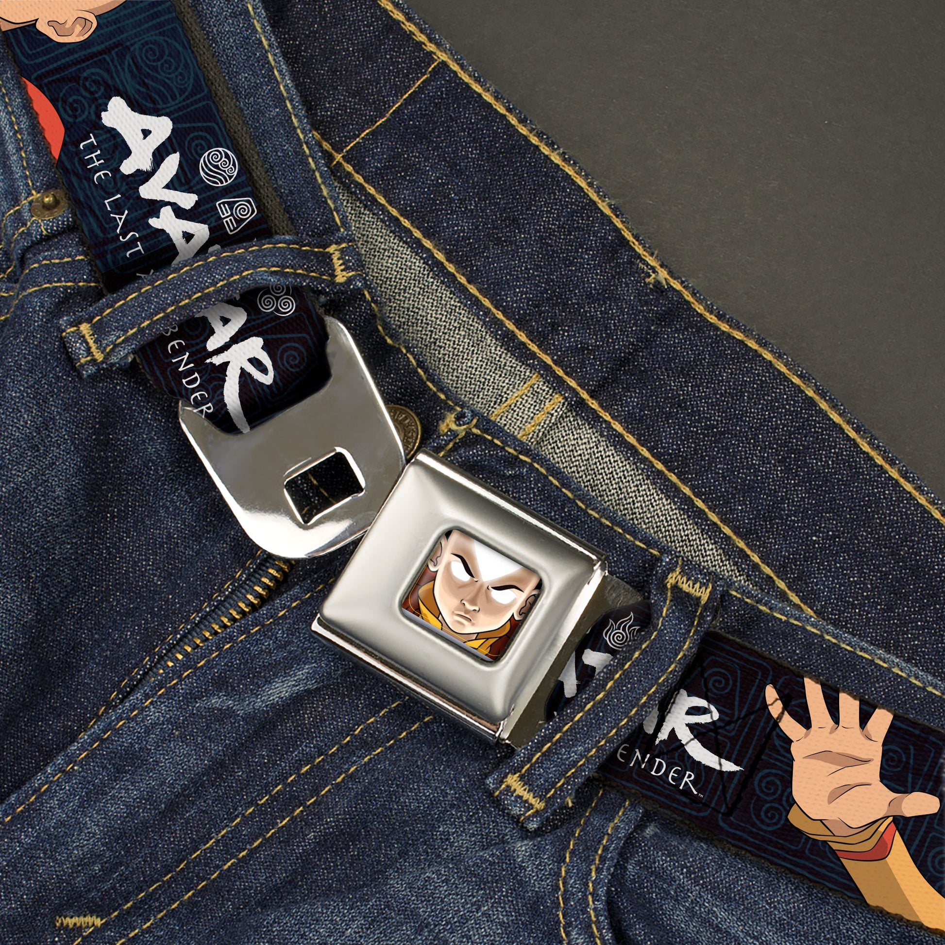 Avatar the Last Airbender Aang Face Close-Up Full Color Seatbelt Belt - AVATAR THE LAST AIRBENDER Aang Hand Pose and Title Logo Black/Grays Webbing Seatbelt Belts Avatar The Last Airbender
