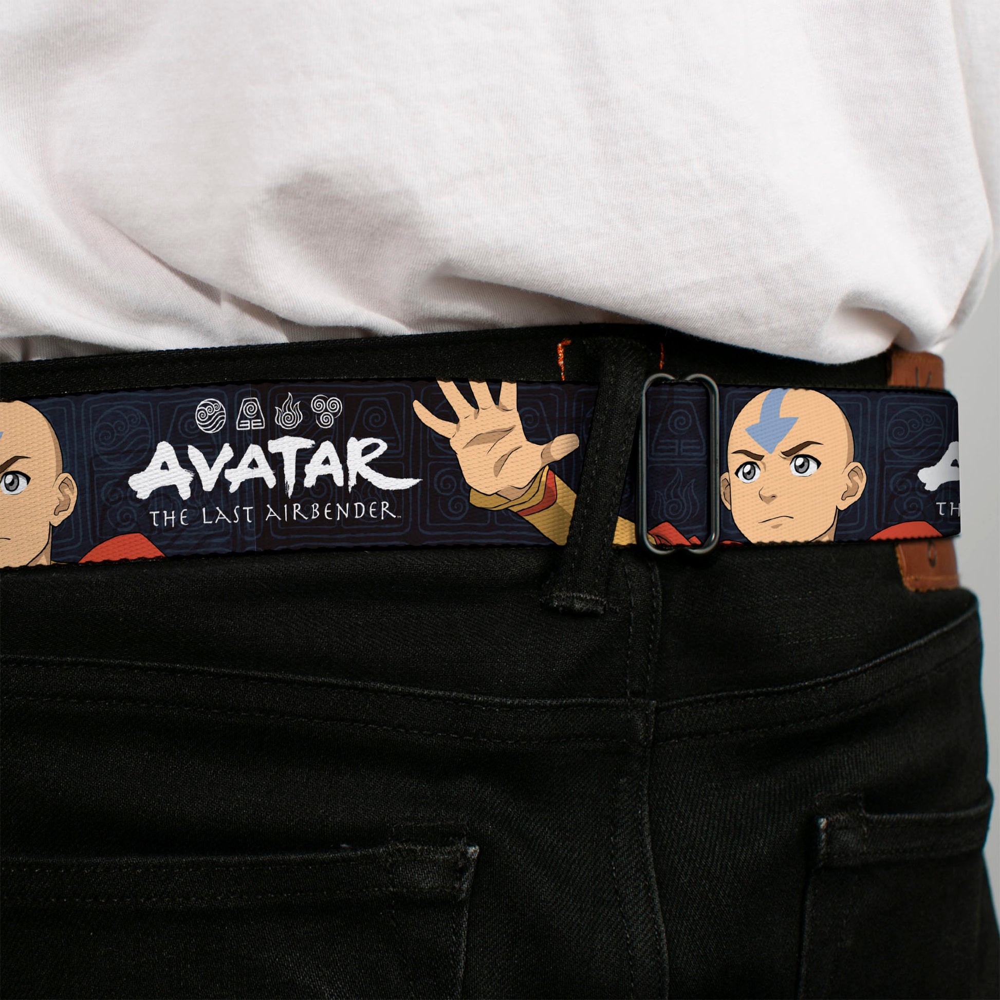 Avatar the Last Airbender Aang Face Close-Up Full Color Seatbelt Belt - AVATAR THE LAST AIRBENDER Aang Hand Pose and Title Logo Black/Grays Webbing Seatbelt Belts Avatar The Last Airbender