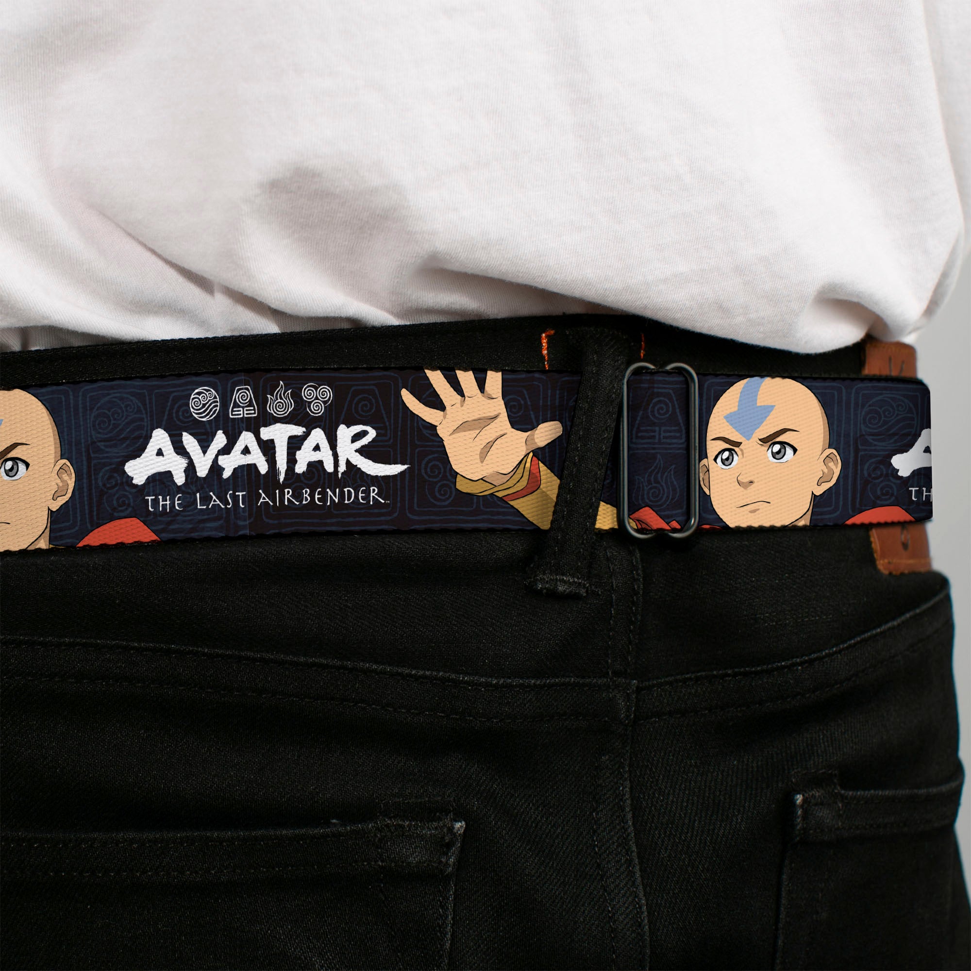 Avatar the Last Airbender Aang Face Close-Up Full Color Seatbelt Belt - AVATAR THE LAST AIRBENDER Aang Hand Pose and Title Logo Black/Grays Webbing Seatbelt Belts Avatar The Last Airbender