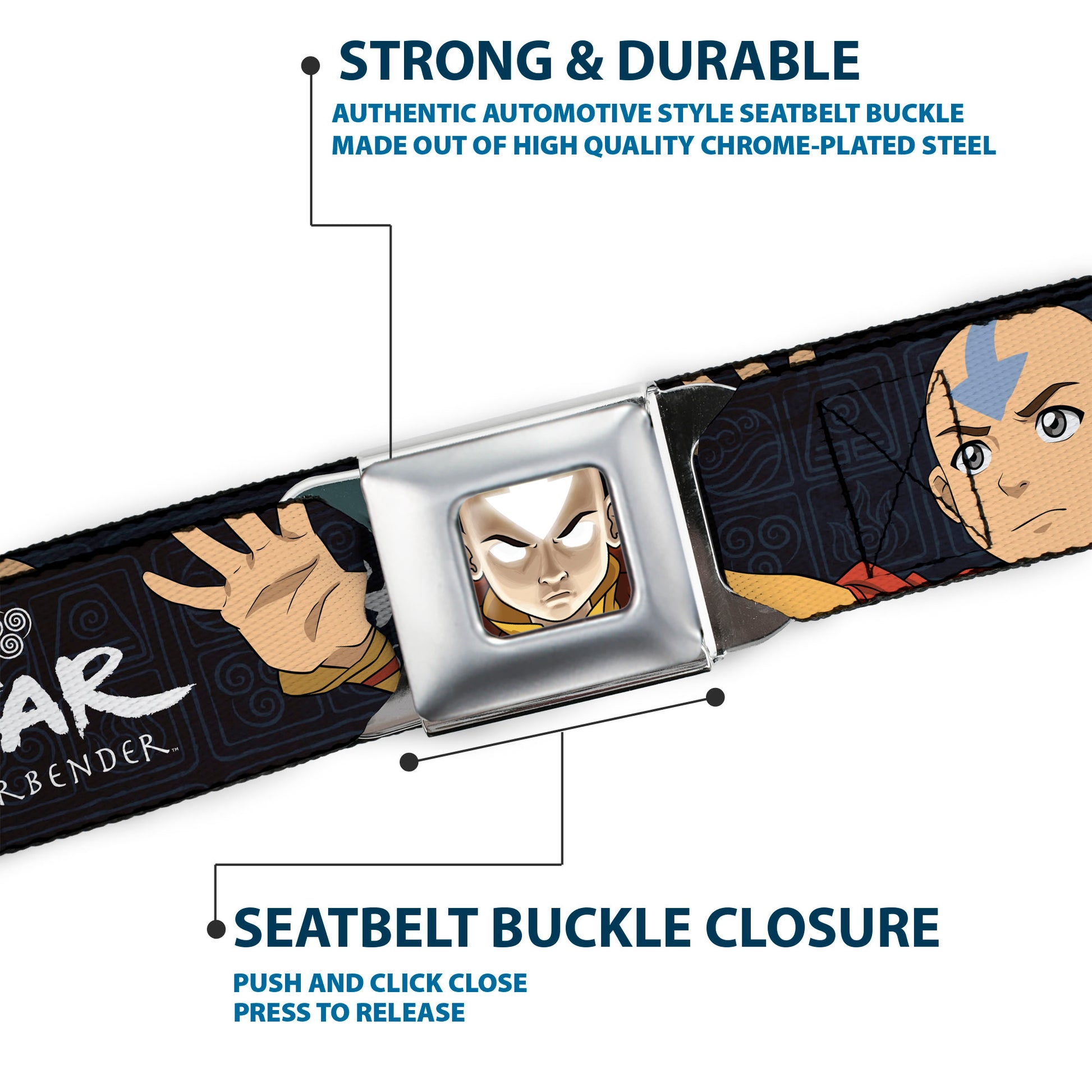 Avatar the Last Airbender Aang Face Close-Up Full Color Seatbelt Belt - AVATAR THE LAST AIRBENDER Aang Hand Pose and Title Logo Black/Grays Webbing Seatbelt Belts Avatar The Last Airbender