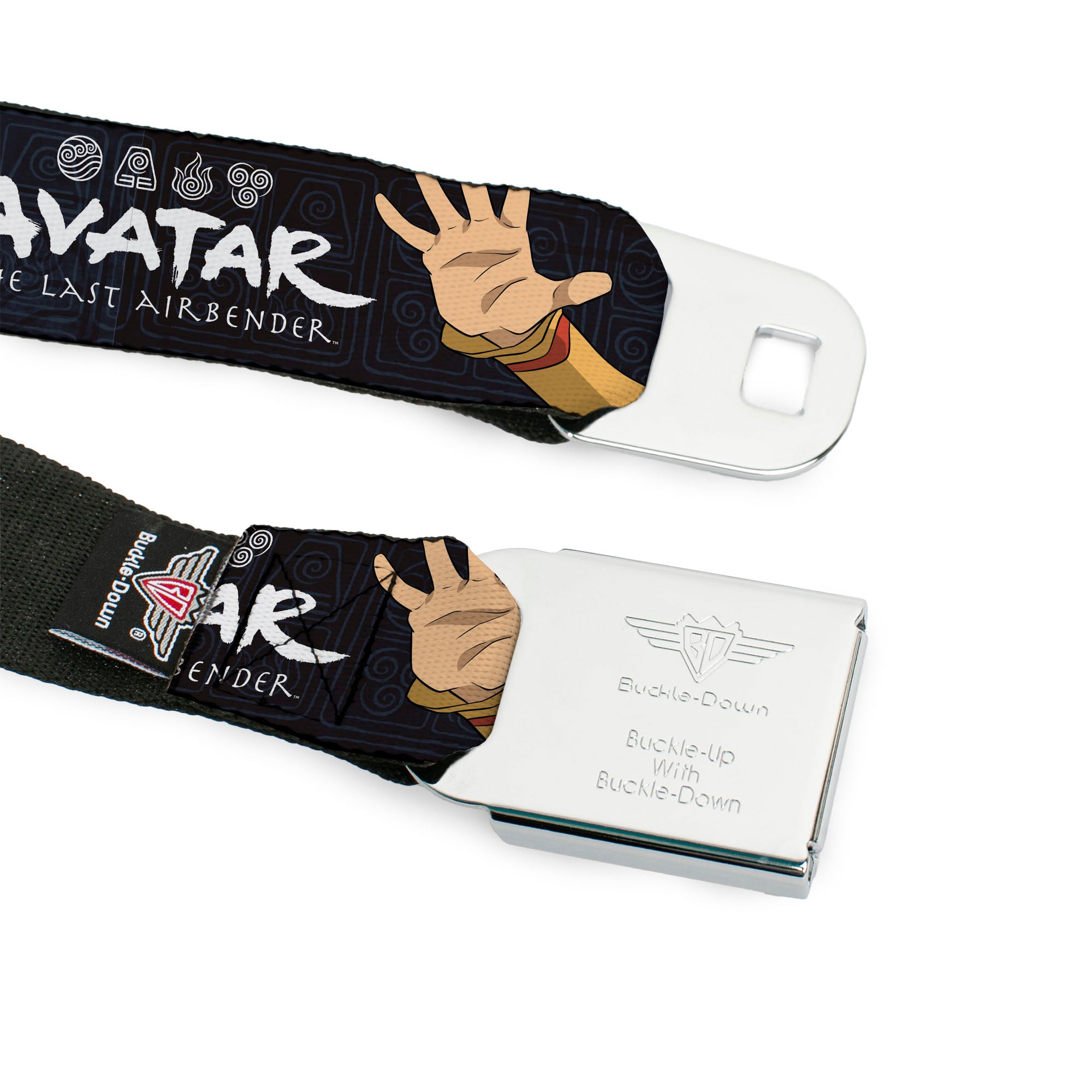 Avatar the Last Airbender Aang Face Close-Up Full Color Seatbelt Belt - AVATAR THE LAST AIRBENDER Aang Hand Pose and Title Logo Black/Grays Webbing Seatbelt Belts Avatar The Last Airbender