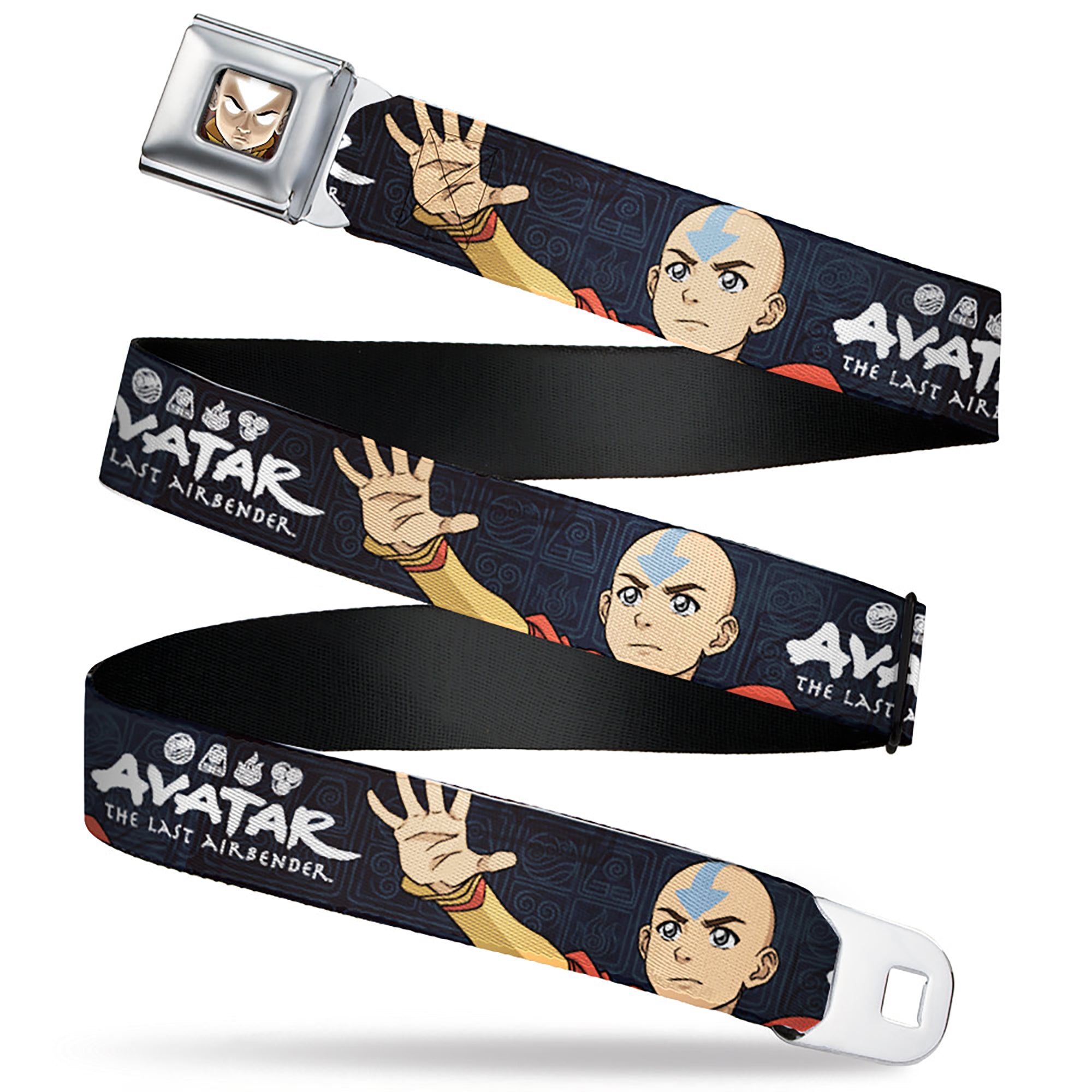 Avatar the Last Airbender Aang Face Close-Up Full Color Seatbelt Belt - AVATAR THE LAST AIRBENDER Aang Hand Pose and Title Logo Black/Grays Webbing Seatbelt Belts Avatar The Last Airbender
