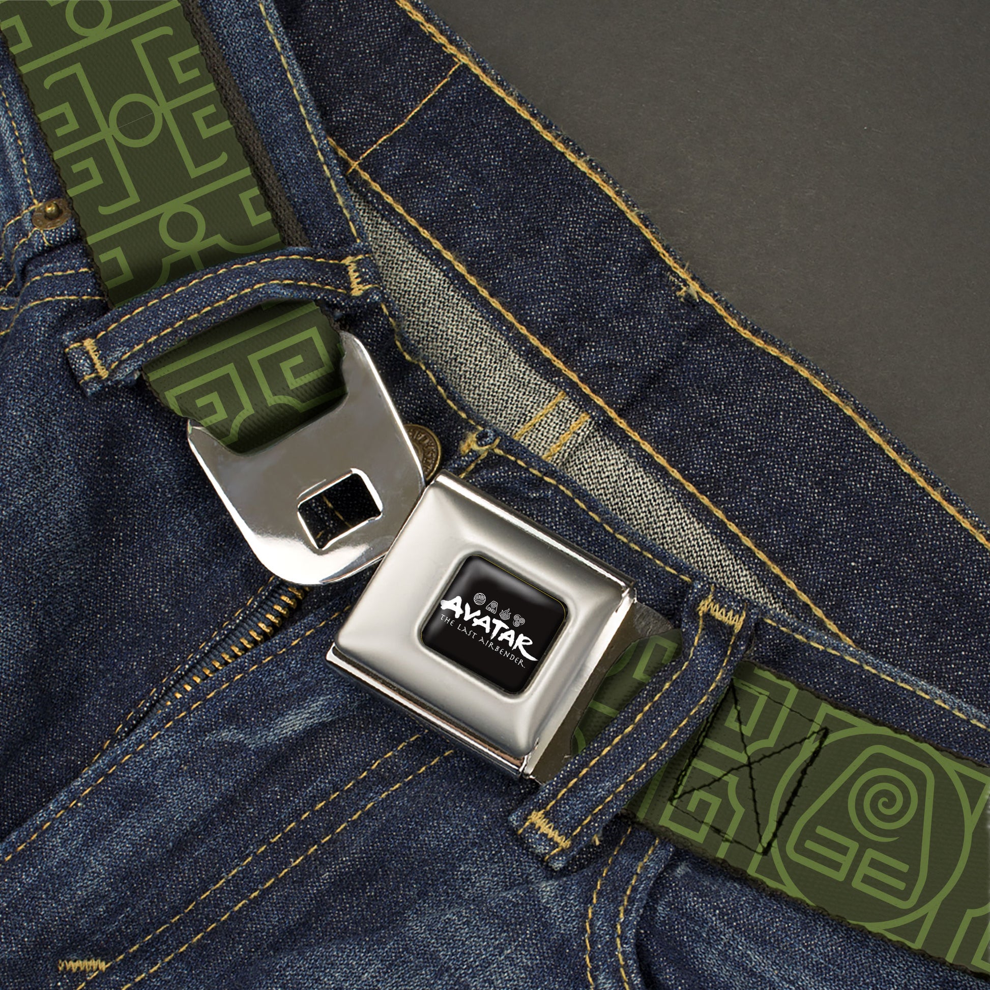 AVATAR LAST AIRBENDER Title Logo Full Color Black/White Seatbelt Belt - Avatar Last Airbender Earth Element Symbol Black/Olive Green Webbing Seatbelt Belts Avatar The Last Airbender